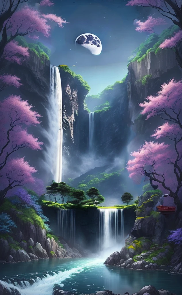 Huge Moon, Immensely Wide Waterfall.