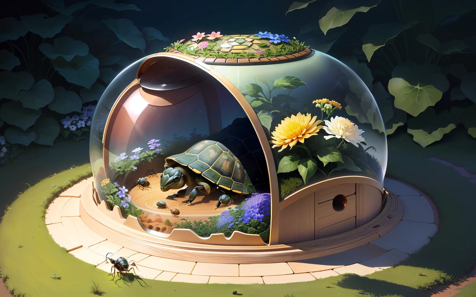 ant habitat is round, glass on back of tortoise, flowers.