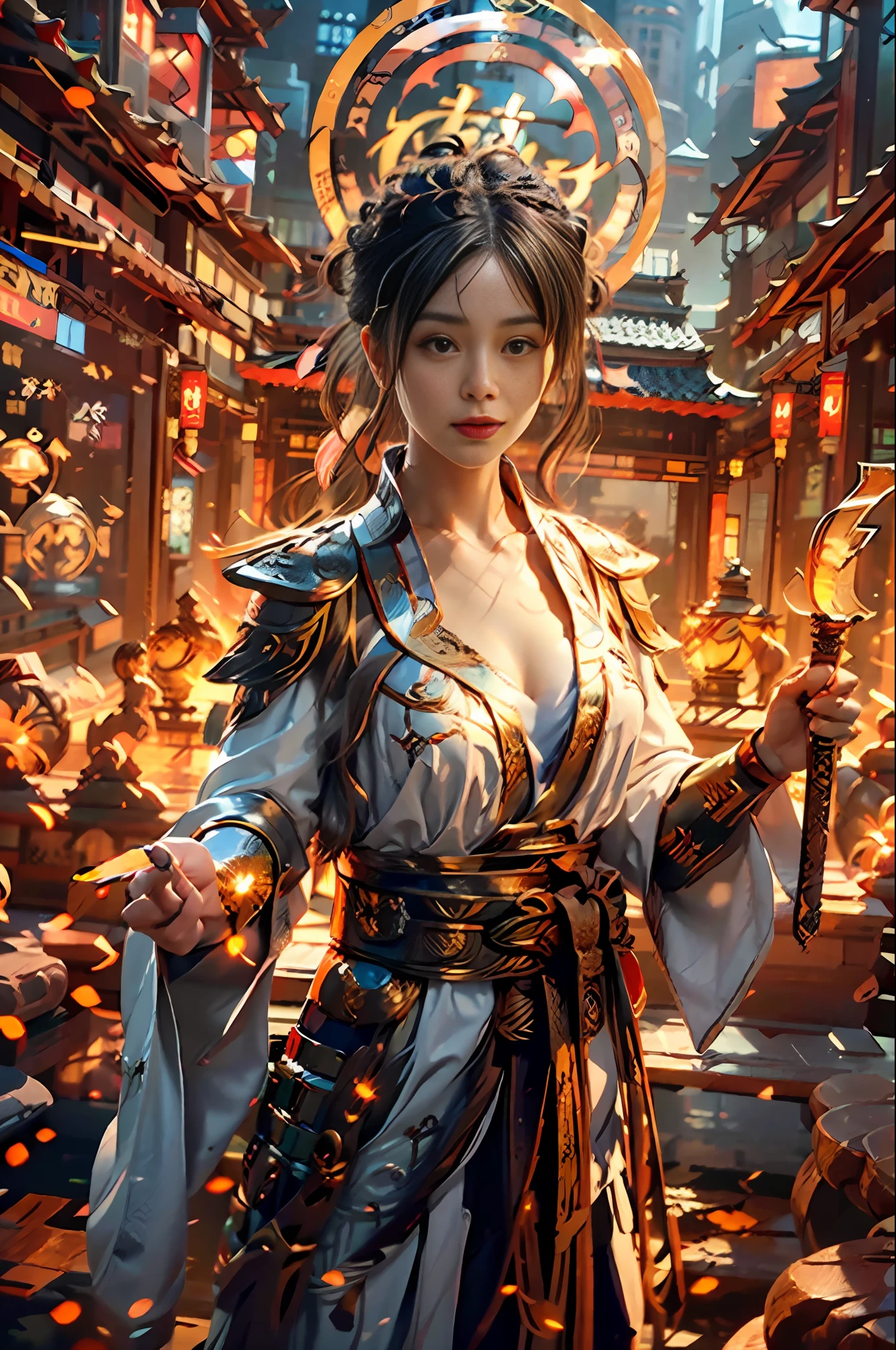 Best quality,masterpiece,ultra high res,(photorealistic:1.4),xiuxian,weapon,Detailed face,
1girl,solo,weapon,cleavage,(magic circle:1.2),xiuxian,upper body,Beautiful girl,full body,east asian architecture,sheath,architecture,