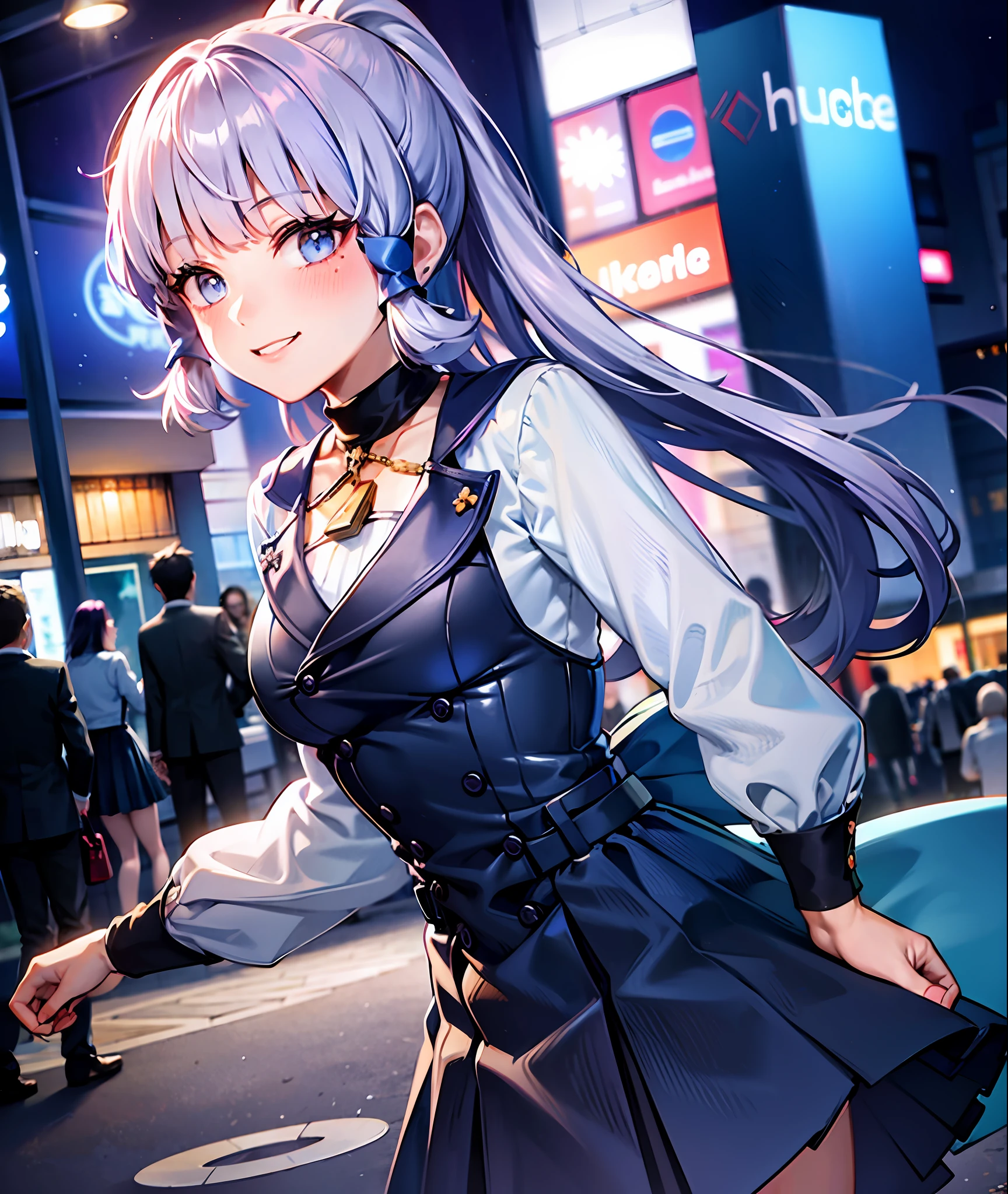 Blue turtleneck, black pleated skirt, ((blushing face)), smiling, mall background