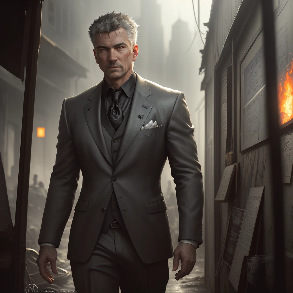 award winning photo of a mature man, sirsean,(realistic, photo-realistic:1.4),(sharp focus:1.4), (detective:1.2), (fancy suit:1.1), smirk, (ultra detailed face and eyes:1.1), (album art:1.1), slum cyberpunk, frown, (slum old garage:1.1), (artpunk:1.0), unique pose, (trigun:1.1), (masterpiece:1.1), best quality, run-down, ultra high detail, (by antoine blanchard and casey baugh:1.1), (by zdzislaw beksinski:0.8), extremely intricate, extreme detail, raytracing, reflections, beautiful lighting, (harsh lighting:1.1), (High Saturation Clarity Contrast, deep levels, sharp, retouched, color graded:1.1), soft lighting, cinematic, (heavy contrast:1.2),dimly lit,,burning,breathing fire, explosion,fiery tail,
