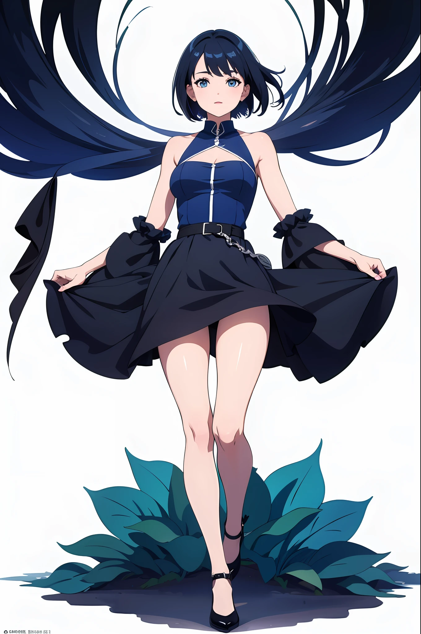 masterpiece, top quality, standing, full body, happiness, soft, ultra sharp, high definition image, (front), ((white background)), ((without background)), medium breasts, dark blue hair, short hair, pitiful,
