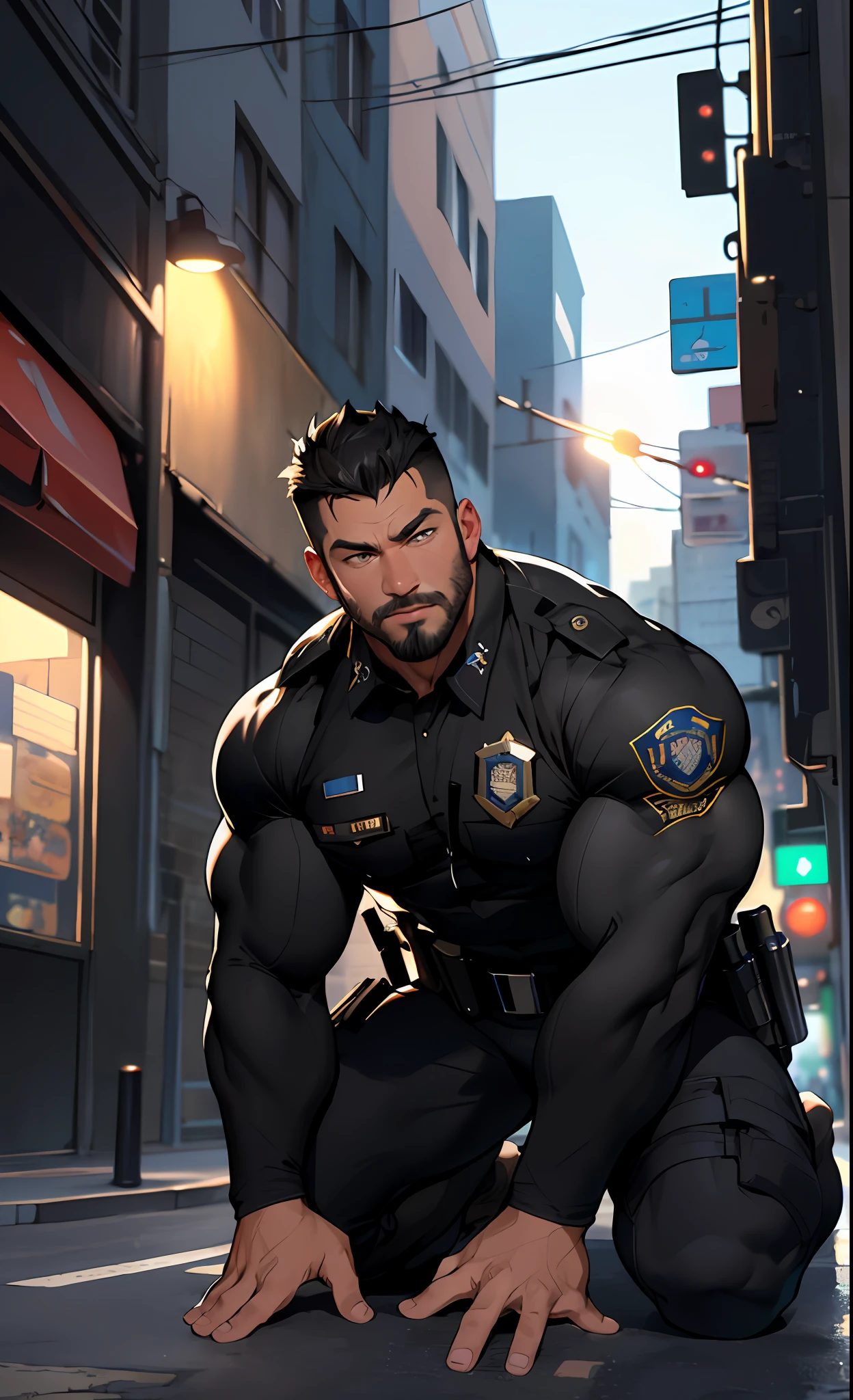 best quality, masterpiece, super high resolution, detailed background, realism, illustration, single, 1 boy, muscle man, street, muscle, facial hair, volumetric lighting, depth of field, black clothes, (black police uniform), kneeling, ((hands on the ground))