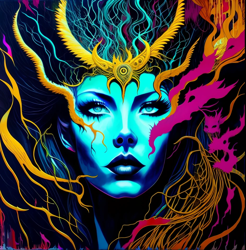 a lithe female Eldritch ancient god in the storm at night, [[Kate Beckinsale]], [Jessica Biel], bone kitsune mask of Eldritch horror, erotic pose, closed eyes, cinematic lighting, by (Daniel Mernagh) (Jean-Michel Basquiat) (Carne Griffiths), highly detailed, detailed face