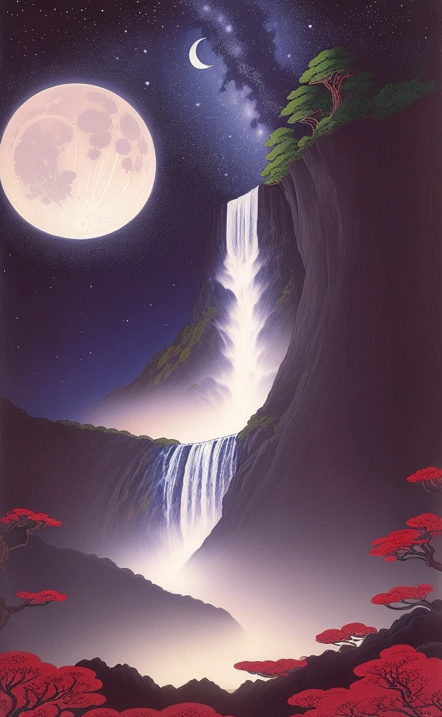 immense waterfall; Distant waterfall, night sky, giant moon. CacheUkiyoe; Katsushika Hokusai