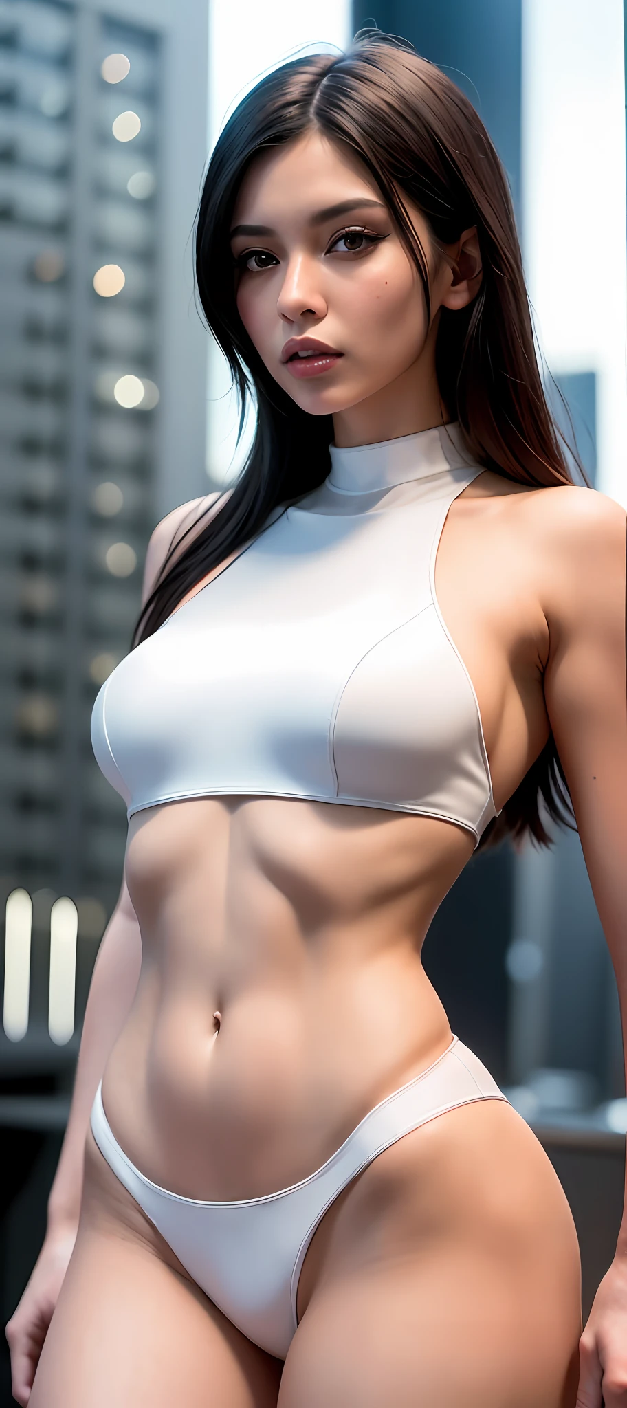 "Masterpiece, high quality, detailed, high resolution, 4k, 8k, realistic skin texture, amazing shadows, perfect lighting, hyper-realistic." A woman (dark hair, white skin, toned body, brown eyes), in black leather cosplay, inspired by cyberpunk, cyberpunk city on the background