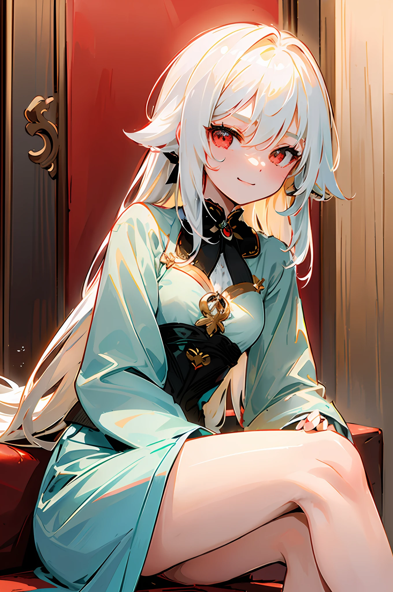 ((masterpiece)), ((high detail)), 1girl,  ((ultra-detailed)),((delicate face)),  Beautiful detailed eyes, gradient hair,hairs between eyes, GSHead,1girl ,solo,white hair,red eyes,genshin_impact,Wooden room background,look at the viewer,Sitting on a white bed, legs crossed,A seductive wide smiling face,((aggressive face)),((ahoge)),