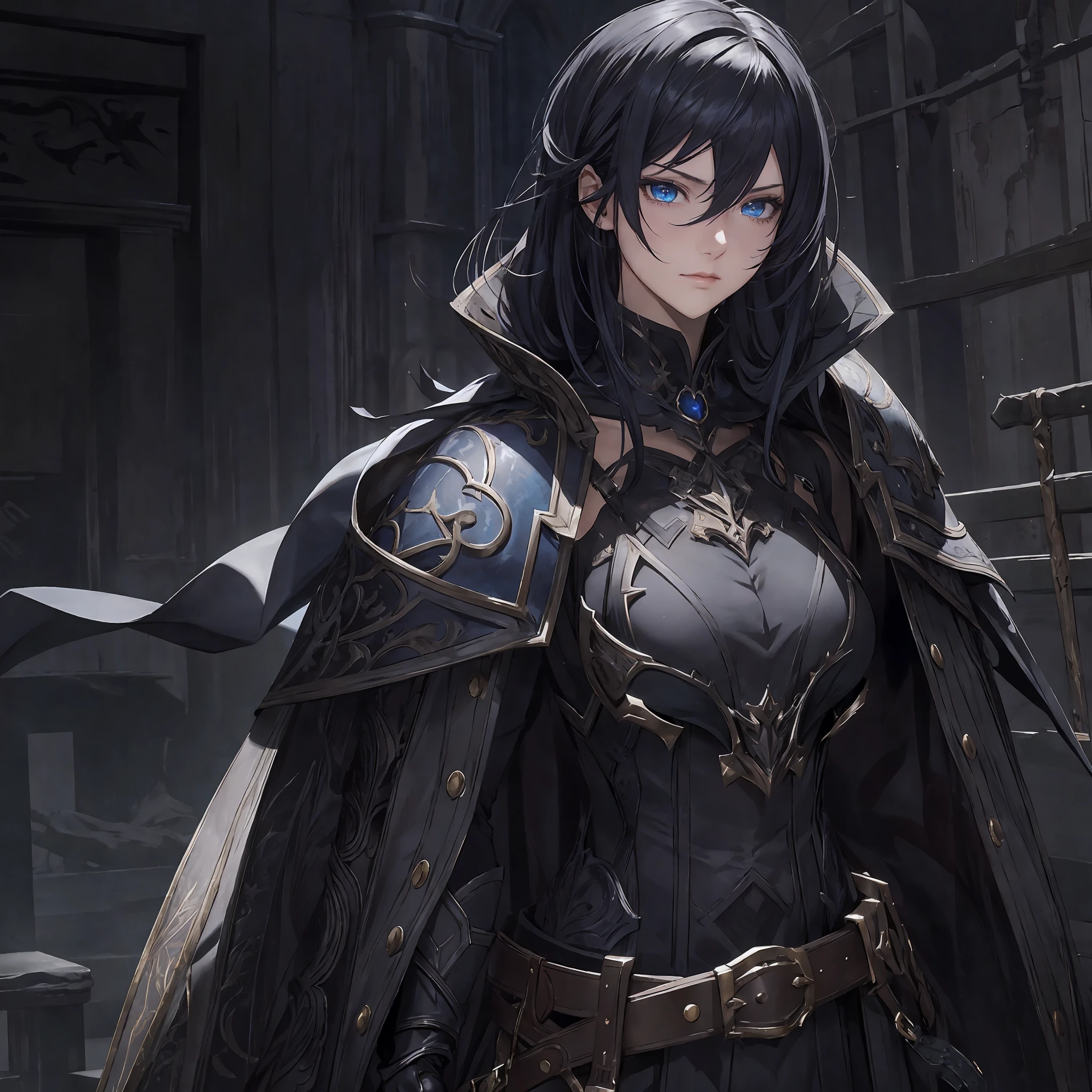 masterpiece, best quality, 1woman, adult, female focus, solo, long black hair, vibrant blue eyes, gloves, hair between eyes, looking at viewer, cape, High quality metal texture, semi metal armor, closed mouth, black metallic gloves, upper body, bangs, high collar,(kbxll:0.6), Fantasy aesthetics, Highly detailed, shadowverse character concept, shadowverse style