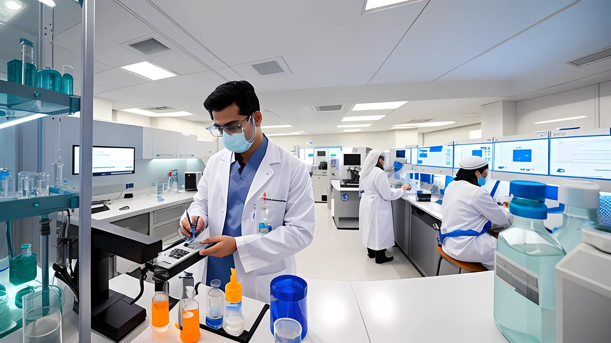 there is arabic doctor in a lab coat and glasses working on a machine, indoor lab scene, laboratory in the background, lab background, laboratory background, in futuristic laboratory room, medical lab, in a research facility, futuristic chemistry lab, medical laboratory, futuristic laboratory, clean medical environment, in a lab, in laboratory, lab in the background, medical research facility,2nurses in background