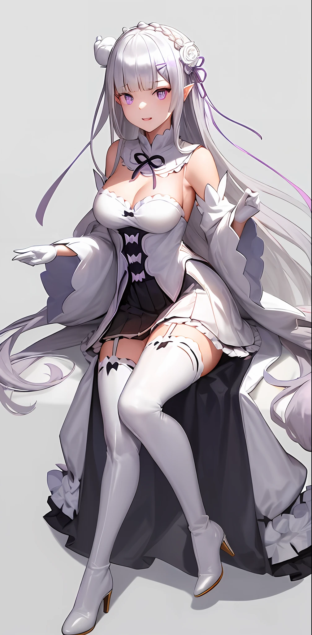 (masterpiece,best quality,CG,wallpaper,HDR,high quality,high-definition),(an extremely delicate and beautiful),(highly detailed eyes,extremely delicate and beautiful face),incredibly detailed,Perfect female body,elegant,noble,1 girl,(full body:1.4),large breasts,(white leather high heel thigh boots,white elbow gloves:1.4),garter straps, skirt,white thighhighs,(white background:1.3),/./././,no makeup,serious,expressionless,emilia (re:zero), bangs, hair ornament, purple eyes, flower, hair flower, ribbon, hair ribbon, x hair ornament, breasts, open mouth, medium breasts, purple ribbon, cleavage, white flower, smile, braid, detached sleeves, petals, very long hair, dress, grey hair, crown braid, pointy ears, wide sleeves, frills, white hair, bare shoulders, skirt, blunt bangs, pleated skirt, white background,