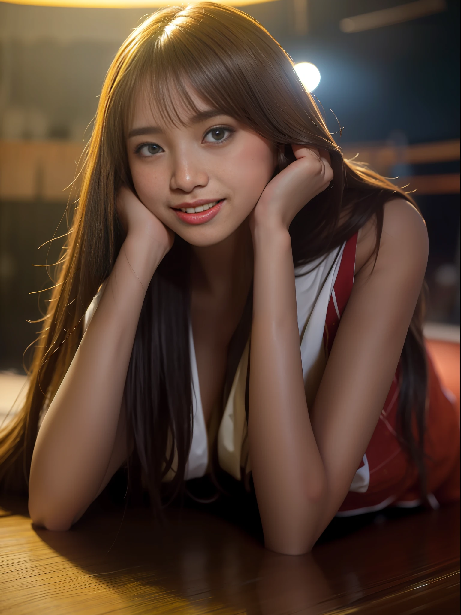 Highest quality, full body detail, golden ratio, (theater lighting: 0.7), masterpiece, viewer angle shot, beautiful smile, ( tanned, alluring 18 years old) ( AdreaLee ), looking straight mysteriously happy, standing on the sea side, curvy body (wearing nothing), long brown messy straight hair, sunset, full body portrait, perfect face, amazing eyes, vivid details, (highly detailed skin), accent lighting, depth of field, old camera, conscious, digital grain, war photography, dogs perspective view angle photoshoot, from bottom to top