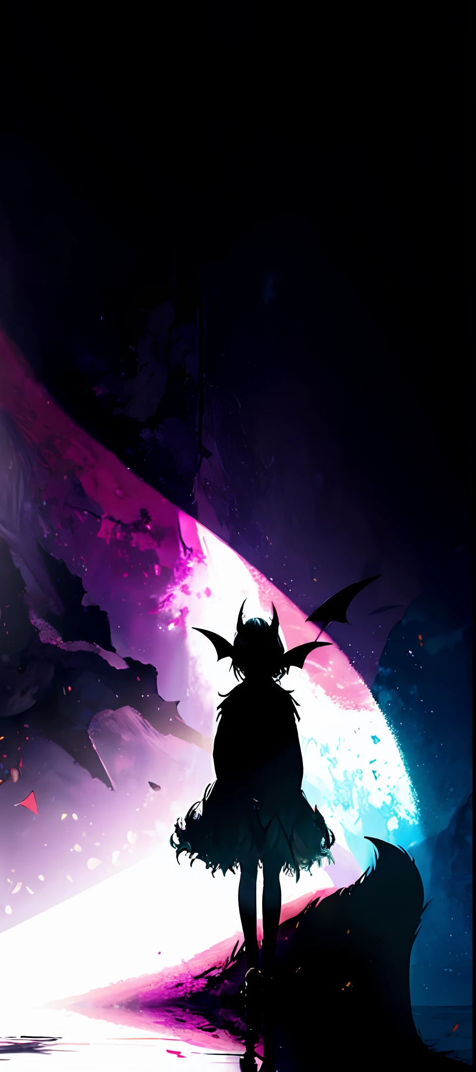 a girl walks in the dead of the night. a huge bat washes from above. a rainbow at night