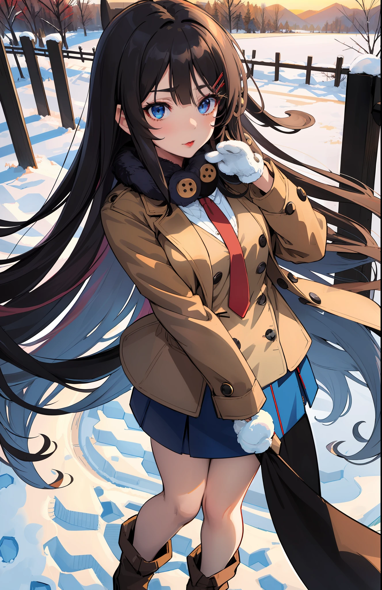 masterpiece, high quality, best quality, high resolution, 4k, high definition, beautiful lighting,highly detailed face, well drawn hands, well drawn legs,well drawn feet,well drawn eyes,1girl, mai, (((black hair))), long hair, blue eyes,rabbit pink hair clip,brown long coat,brown sweater, red tie, (((blue pencil skirt with buttons))), black panty hose ,white muffler around neck,standing, hand mittens,face close up,devilish smile,looking up at the viewer, red lips,closed mouth, snowball in hand, snow background,