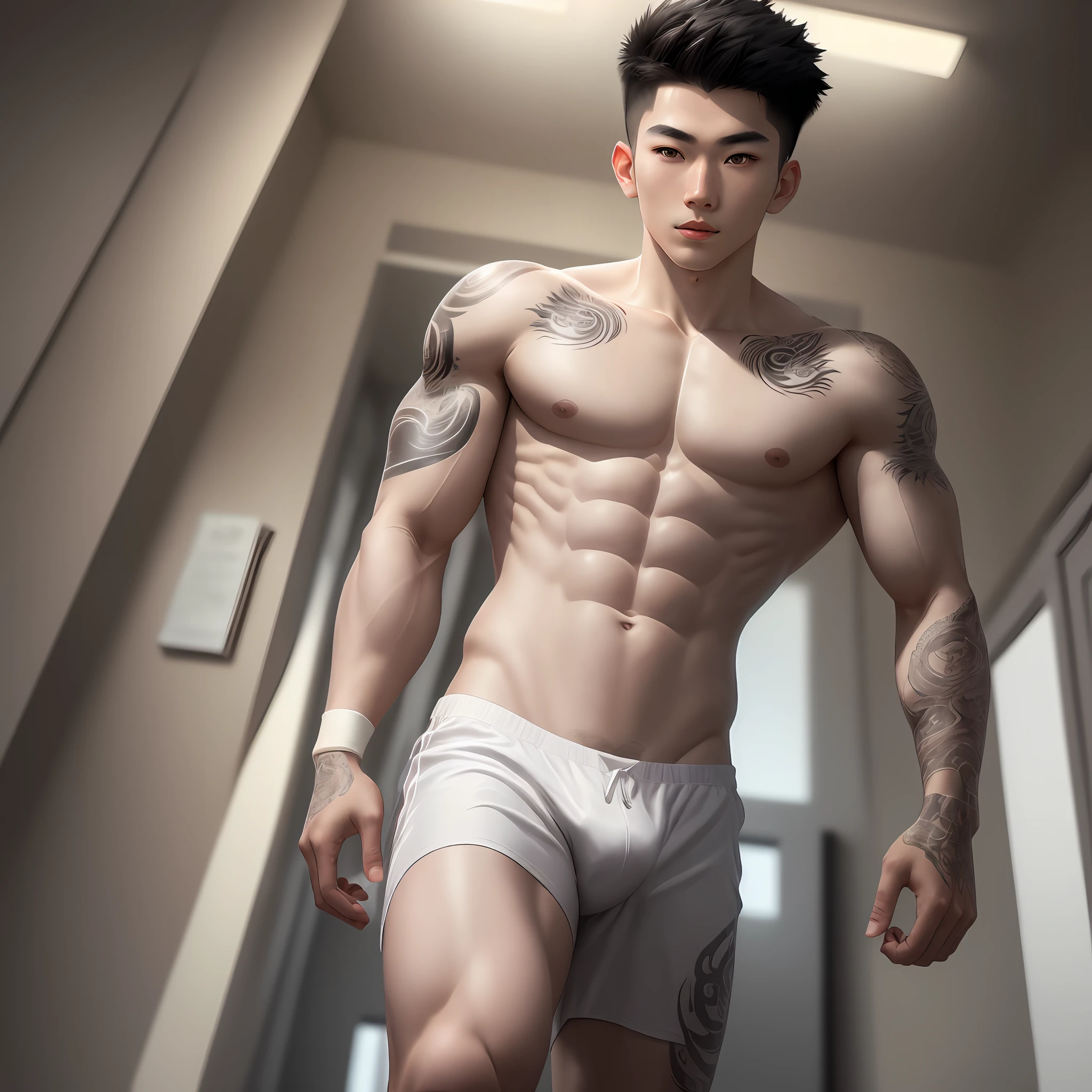 A Young Asian man , 1boy, white skin , detailed skin, 1boy, ((realistic)), abs, good lighting quality, muscle veins, tattoo on left arm ((pale skin)), footballer, (masterpiece, ultra quality, high resolution, 8k, intricate:1.2), (detailed face:1.2), handsome, wearing tight dark grey soccer uniform, bulge, 1boy,solo, looking at viewer, balance eyes, (((from below))), bedroom, (eye contact)