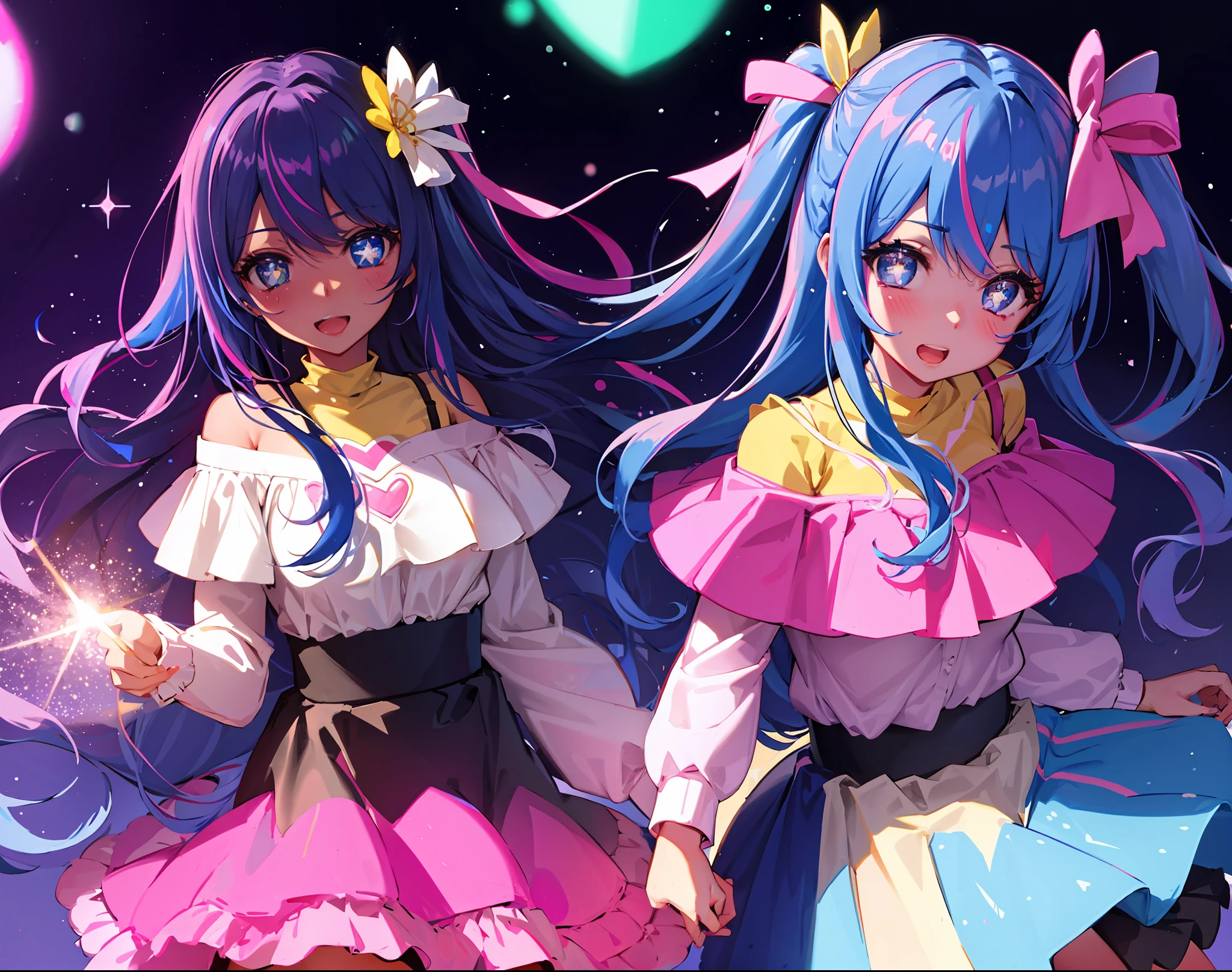 highres, best quality, ((solo)) looking at viewer, open mouth, rainbow hair, bangs, hair flower, one side up, rainbow hair, dark skin, Fluffy hair, puffy hair, bangs, smile, big eyes, long sleeves, pink bow, black skirt, stars, bows, striped, dots, party skirt, party, colorful, dark, poc, lips, glossy lips, blush,pinky, glitter, jumping in joy, shiny, sketch, messy sketch, what outline, heart stars, background stars, *Sketch*School Bag*Perfect Figure*Medium Breasts*Jump,looking atviewer, BIG EYES, cheerful, pink stripes, female,gradient eyes,sparkling eyes,eyelashes,off shoulder,cardigan,(white-pink-blue-rainbow hair),