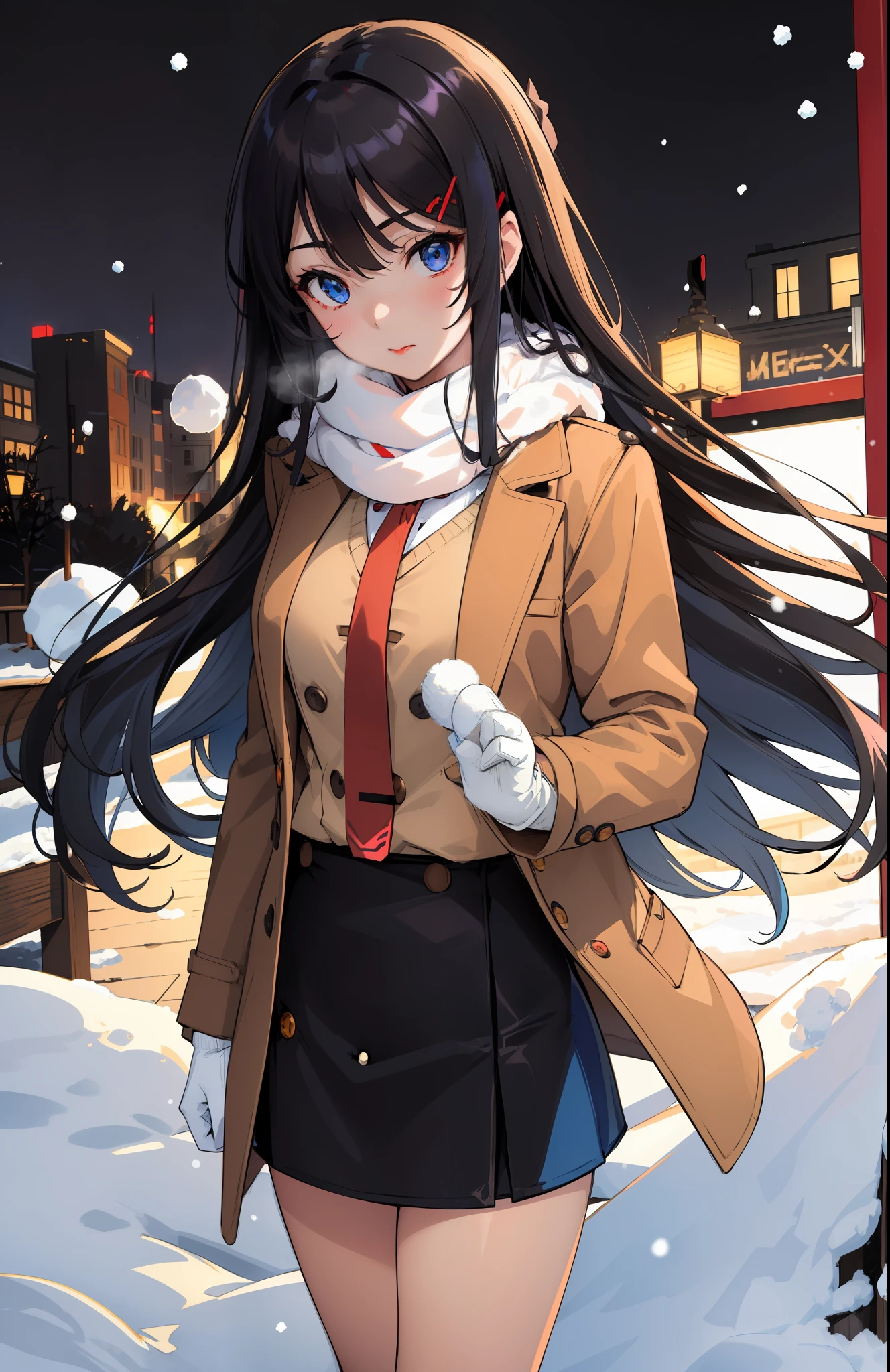 masterpiece, high quality, best quality, high resolution, 4k, high definition, beautiful lighting,highly detailed face, well drawn hands, well drawn legs,well drawn feet,well drawn eyes,1girl, mai, (((black hair))), long hair, blue eyes,rabbit pink hair clip,brown long coat,brown sweater, red tie, (((blue pencil skirt with buttons))), black panty hose ,white muffler around neck,standing, hand mittens,face close up,devilish smile,looking up at the viewer, red lips,closed mouth, snowball in hand, snow background,