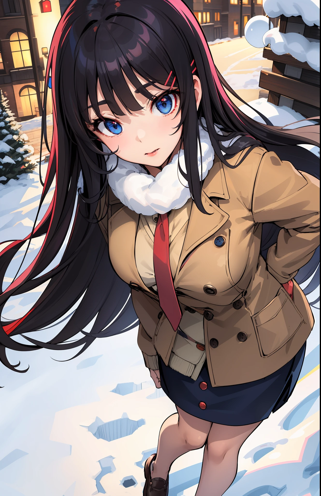 masterpiece, high quality, best quality, high resolution, 4k, high definition, beautiful lighting,highly detailed face, well drawn hands, well drawn legs,well drawn feet,well drawn eyes,1girl, mai, (((black hair))), long hair, blue eyes,rabbit pink hair clip,brown long coat,brown sweater, red tie, (((blue pencil skirt with buttons))), black panty hose ,white muffler around neck,standing, hand mittens,face close up,devilish smile,looking up at the viewer, red lips,closed mouth, snowball in hand, snow background,