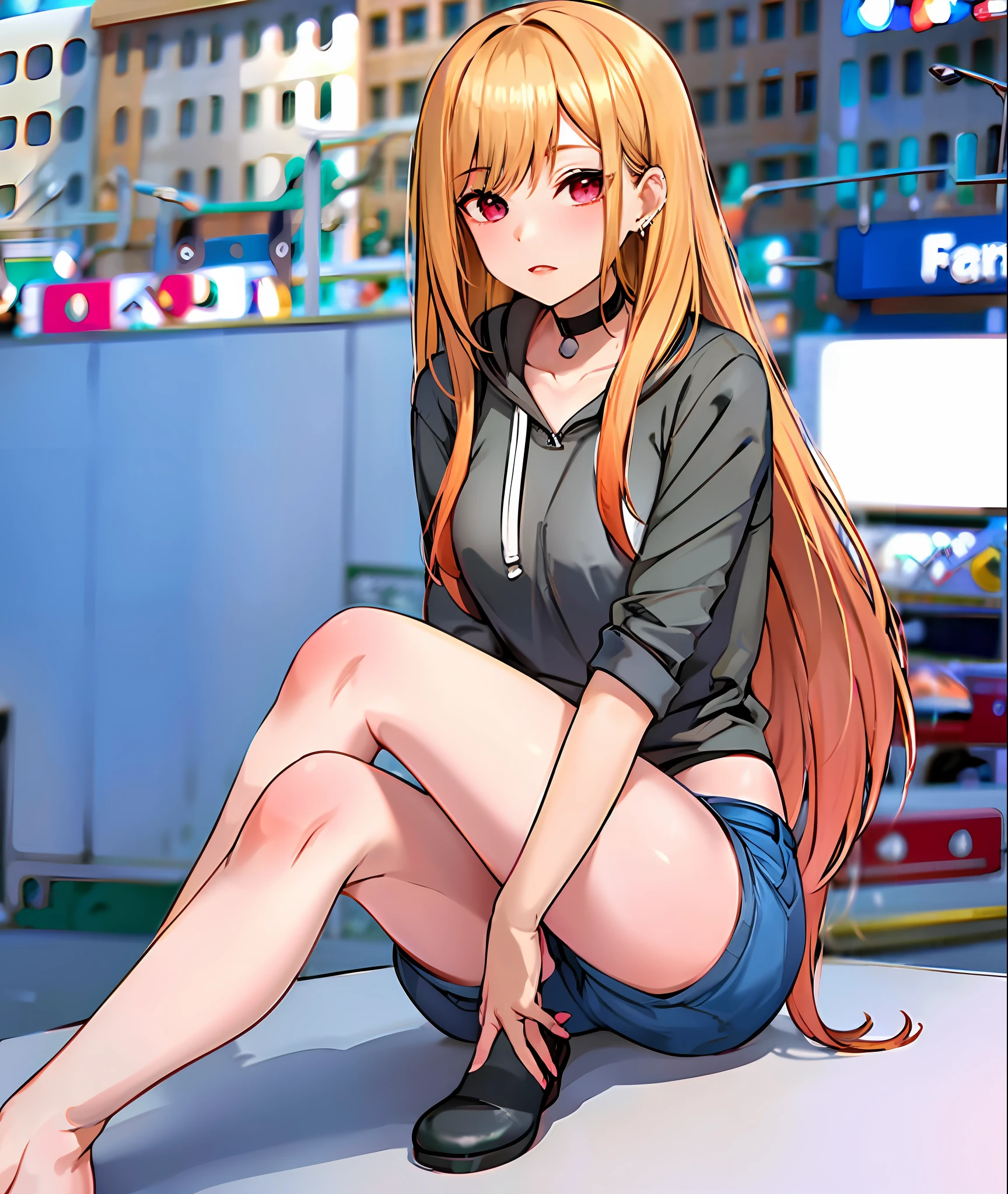 Black hoodie, black cap, jean shorts, street background