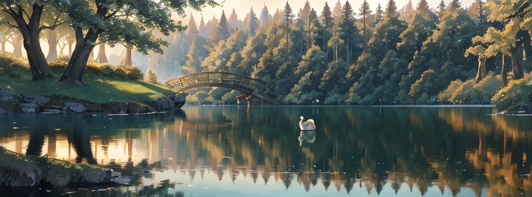An enchanted forest, with green trees, a lake with crystal clear water passing in half, a wooden bridge crossing the lake, a girl looking at the side above the bridge, swans in the lake, sunlights crossing the forest, reflections of sun in the water, delicate iamgens, HD,