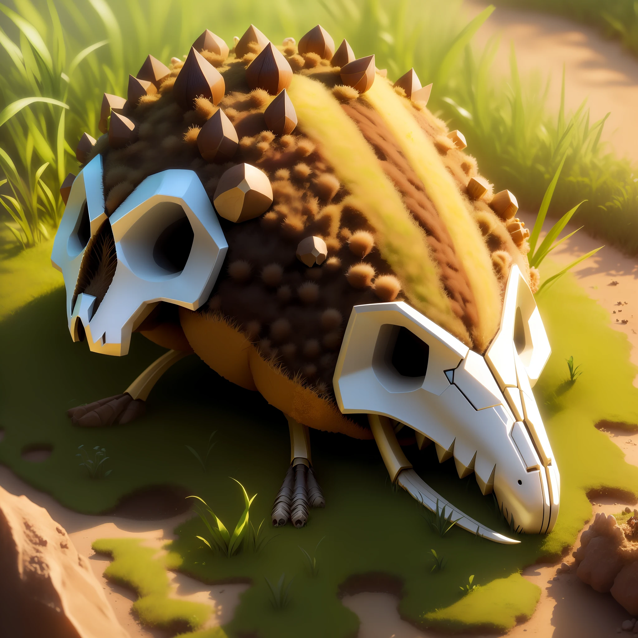 Fabulous anthill, super macro, super realistic, hedgehog skull on top, grass around, there's an ant inside