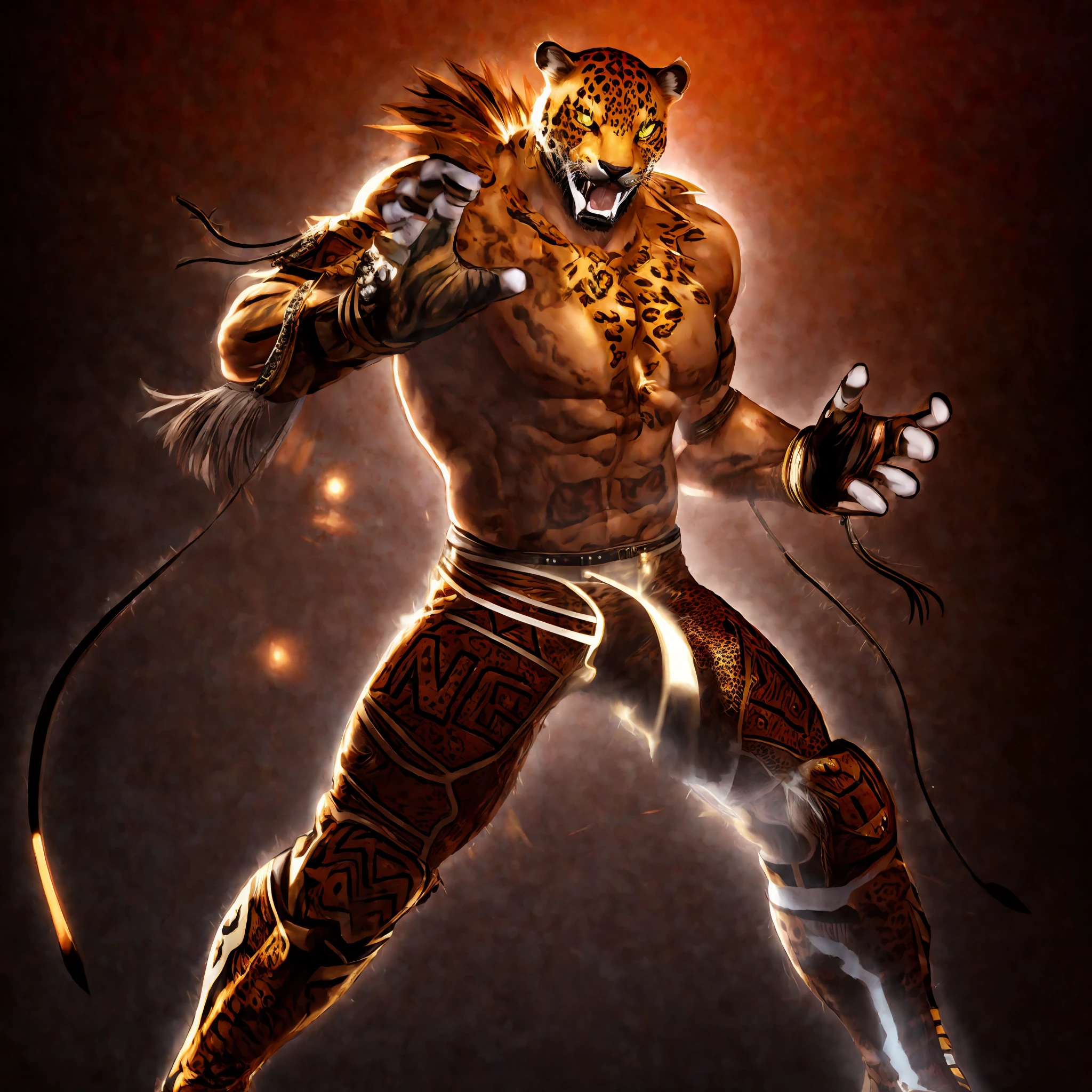 a man in a costume with a leopard on his chest, as a character in tekken, fighting game character, tekken 7, trending wallpaper, tekken, humanoid cheetah, furio tedesschi, sabertooth, character from mortal kombat, tiger_beast, posing for a fight intricate, fighter pose, 3 d render official art, mobile wallpaper, sfw version