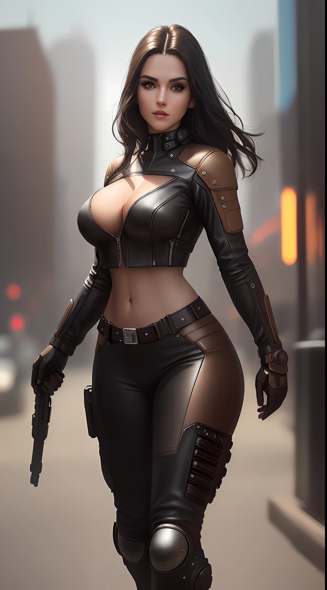 "Masterpiece, high quality, detailed, high resolution, 4k, 8k, realistic skin texture, amazing shadows, perfect lighting, hyper-realistic." A woman in black leather clothes sci-fi (dark hair, fair skin, toned body, brown eyes, navel), cyberpunk city background, on her motorcycle