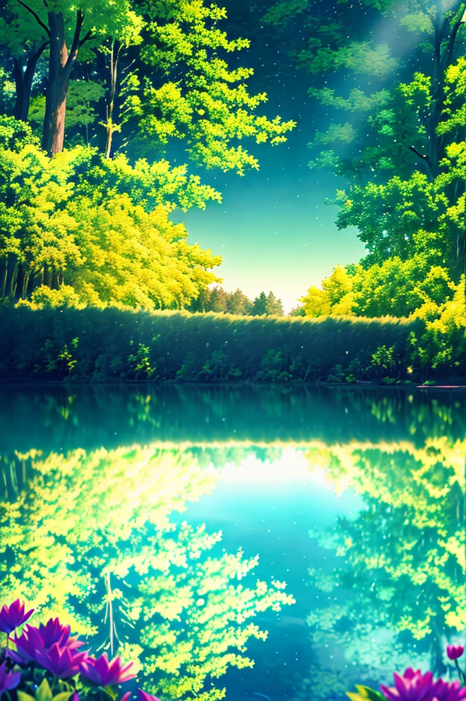 An enchanted forest, with green trees, a lake with crystal clear water passing in half, a wooden bridge crossing the lake, a girl in a flowery dress looking at the side above the bridge, swans in the lake, sunlights crossing the forest, reflections of sun in the water, delicate iamgens, HD,