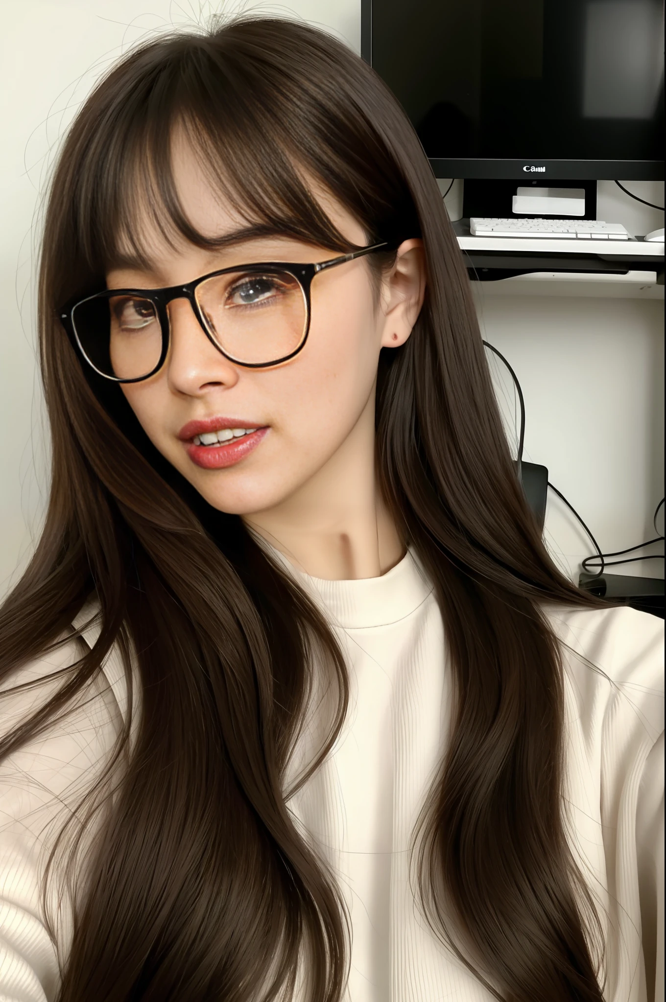 woman 25, full body, cute, israel, jewish, ultra-detailed human face, long dark hair, fringe, ultra-detailed brown eyes, ultra-detailed teeth, white teeth, amazing fine detail, Canon 5DM4, film stock photograph, f1.6 lens, lifelike texture, unreal engine, photorealist, real life, wearing glasses, selfie camera, in front of computer, sending a kiss