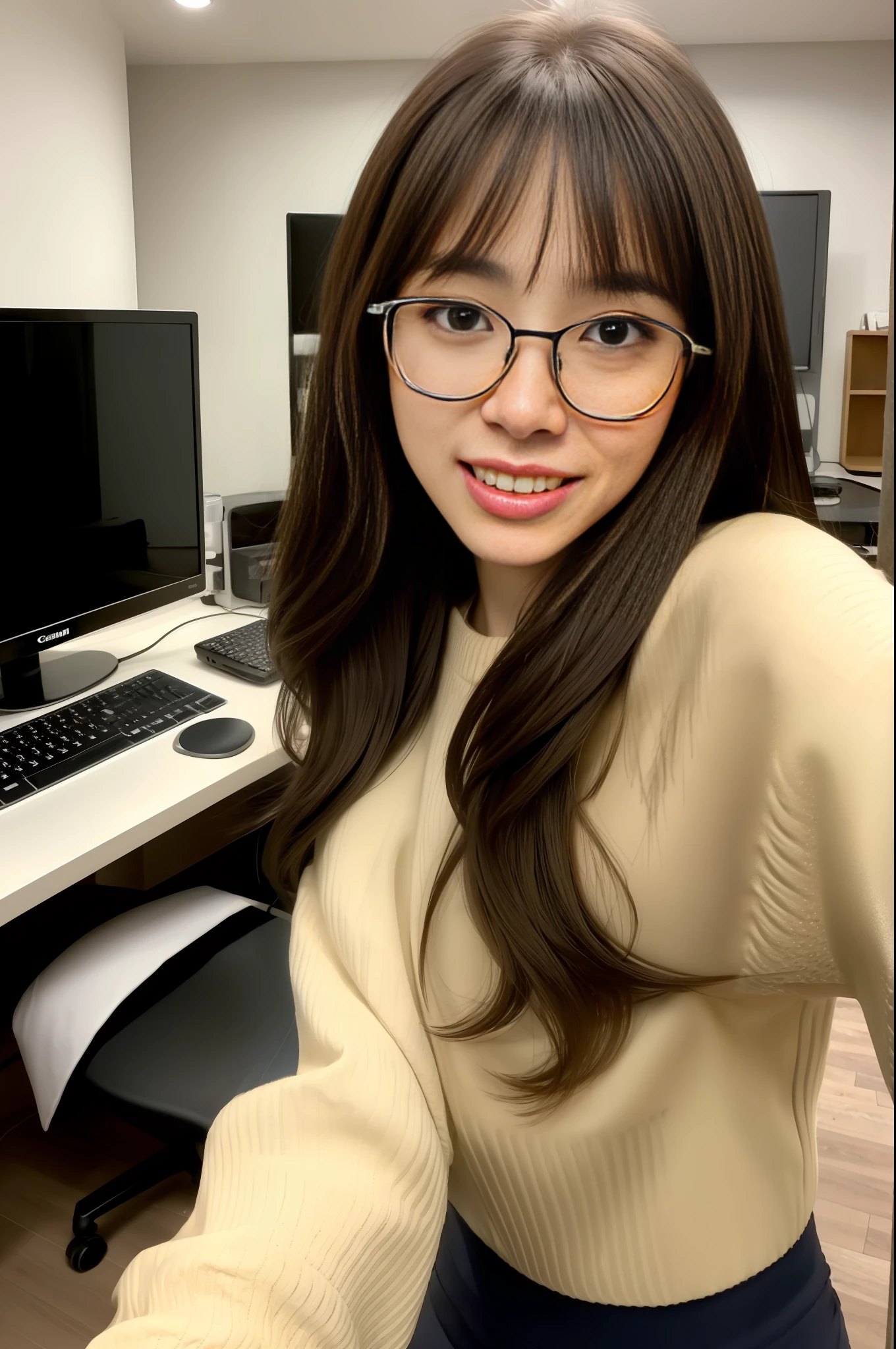 woman 25, full body, cute, israel, jewish, ultra-detailed human face, long dark hair, fringe, ultra-detailed brown eyes, ultra-detailed teeth, white teeth, amazing fine detail, Canon 5DM4, film stock photograph, f1.6 lens, lifelike texture, unreal engine, photorealist, real life, wearing glasses, selfie camera, in front of computer, kissing girl