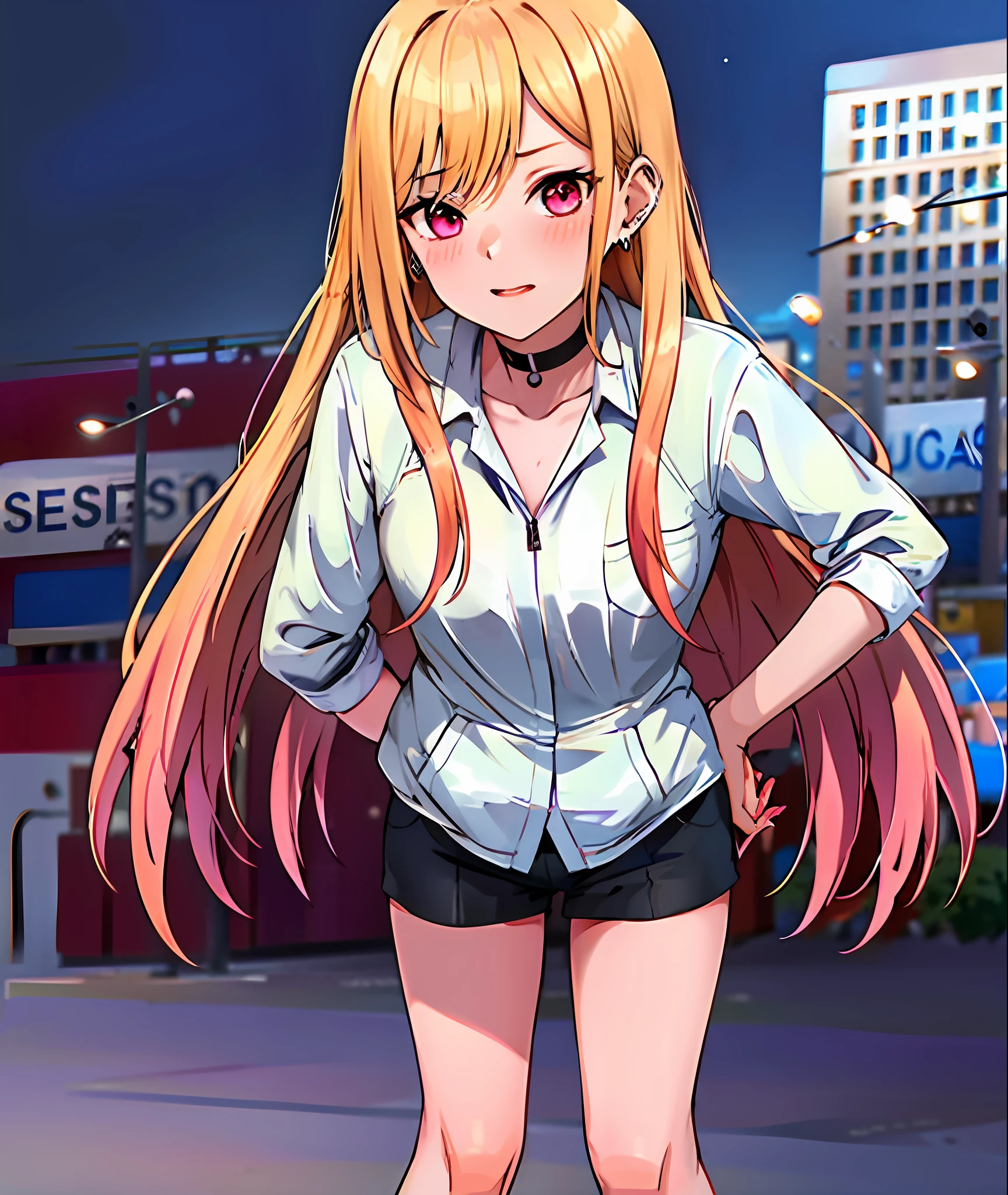 Black hoodie, cap, shorts, street background, night sky