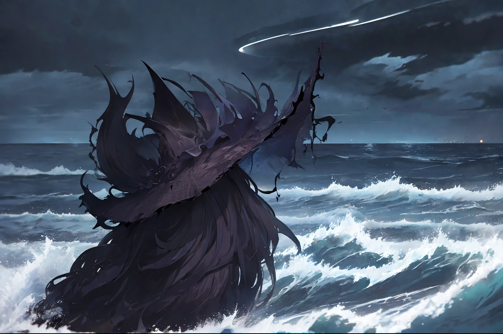 ((dark, dark atmosphere:1.4)), (masterpiece, best quality), ((scenery))), ((no humans:1.4)), dark fantasy, 16th century, (fishing village on the shore: 1.2), (wind, cloudy, dark clouds:1.3), (undersea, waves, foam:1.2), (moonlight, evening:1.4), ( motion blur), wide angle, dramatic, 16k wallpapers, anime screenshots, (absurd, highly detailed, intricate high detail: 1.4), depth of field, atmospheric perspective,