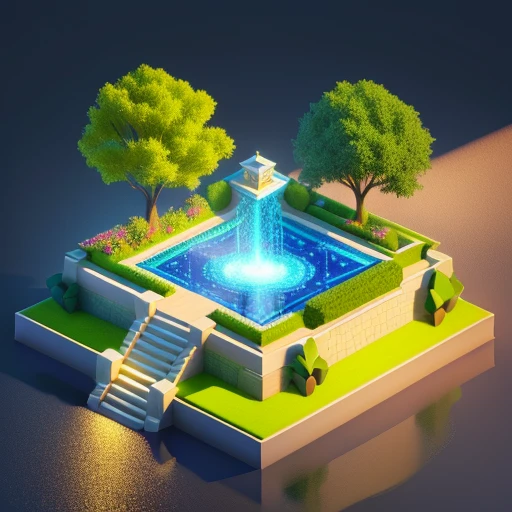 Isometric style, accurate 120 degrees, poly art, stylized 3D rendering, flowers, trees, a doplhin fountain in the middle, room, 3D stylized scene-upscale