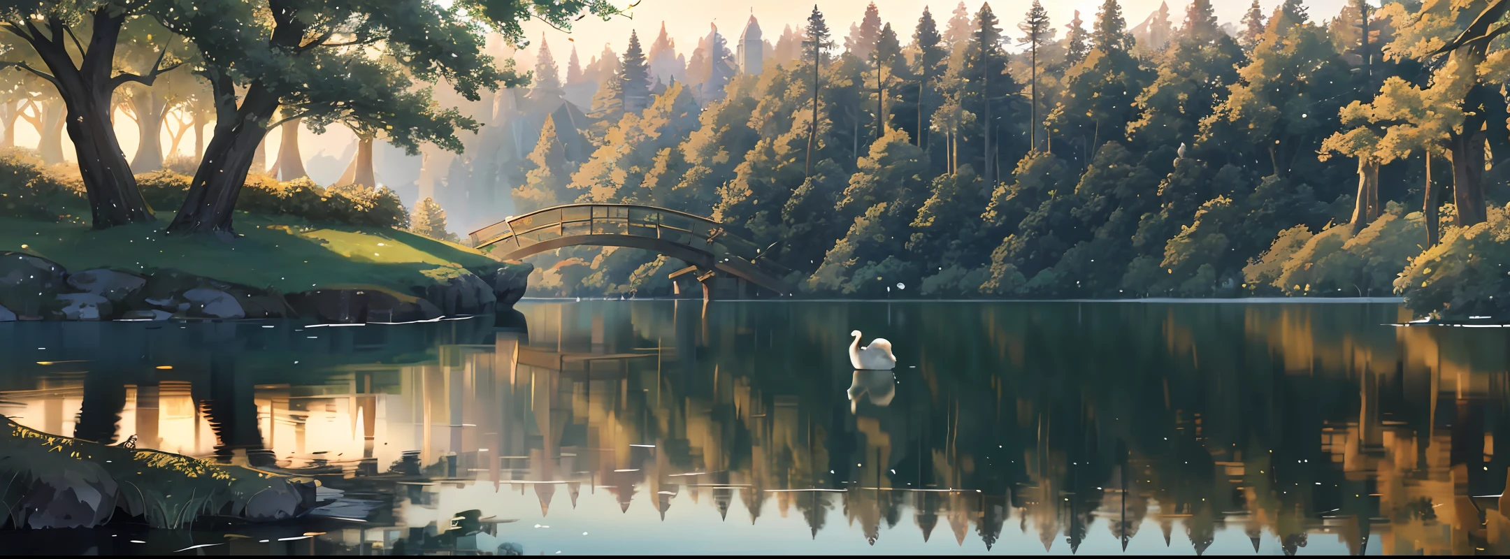 An enchanted forest, with green trees, a lake with crystal clear water passing in half, a wooden bridge crossing the lake, a girl looking at the side above the bridge, swans in the lake, sunlights crossing the forest, reflections of sun in the water, delicate iamgens, HD,
