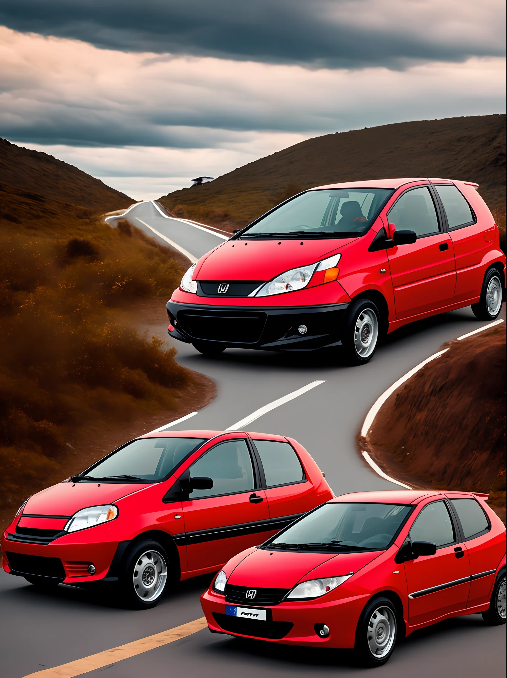 Create image of a red Honda fit model 2004 driving on the road to hell