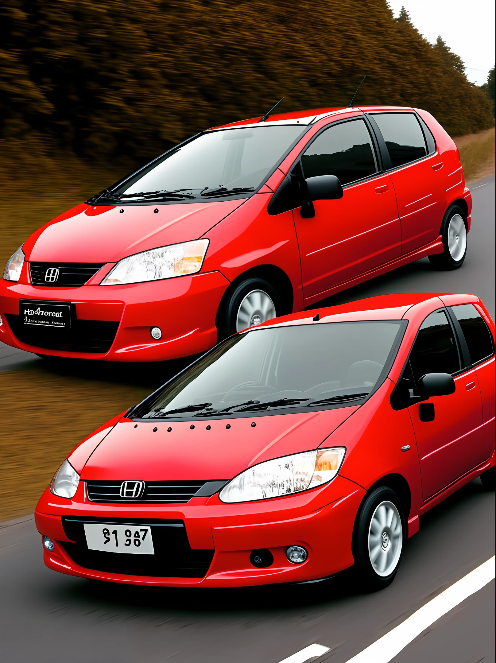 Create image of a red Honda fit model 2004 driving on the road to hell