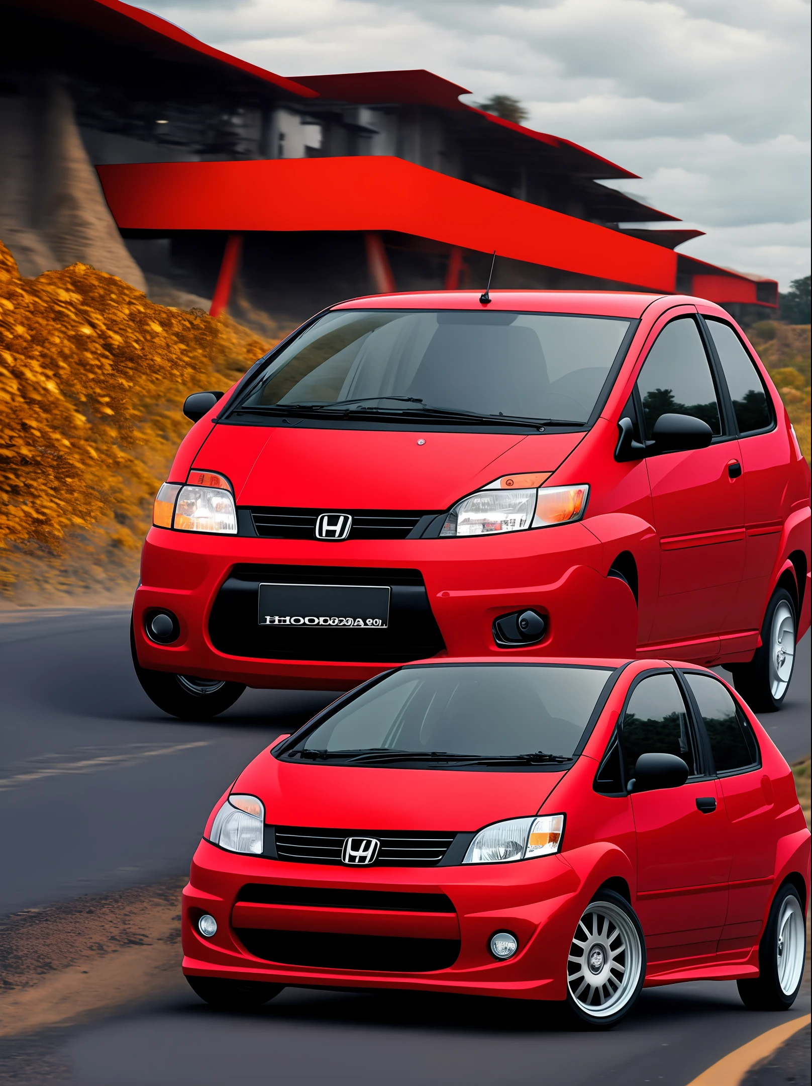 Create image of a red Honda fit model 2004 driving on the road to hell