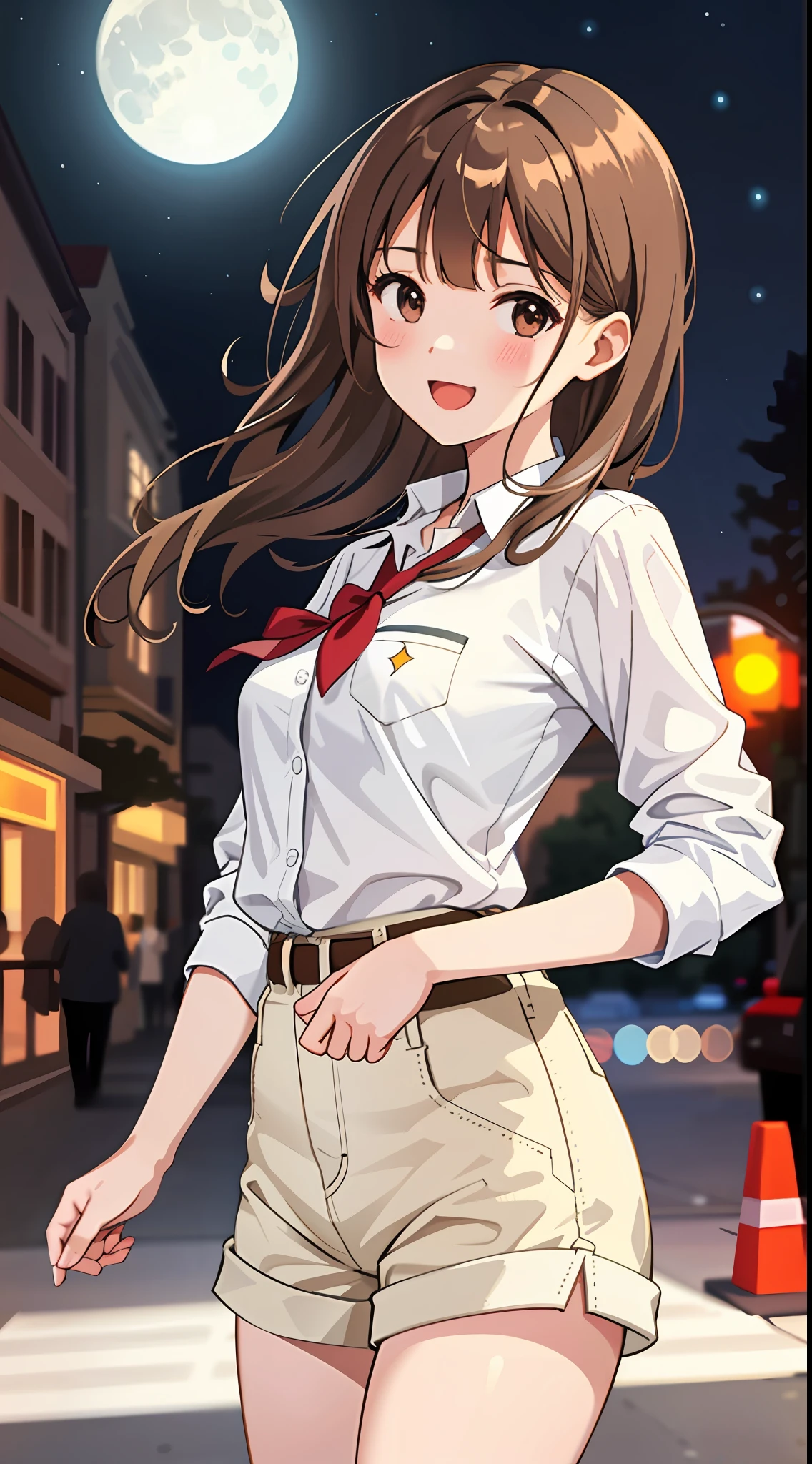 Unreal,

1 girl, brown bangs, school uniform, heavy down up shot, white denim shorts, happy, city street, detailed background, night view, moon