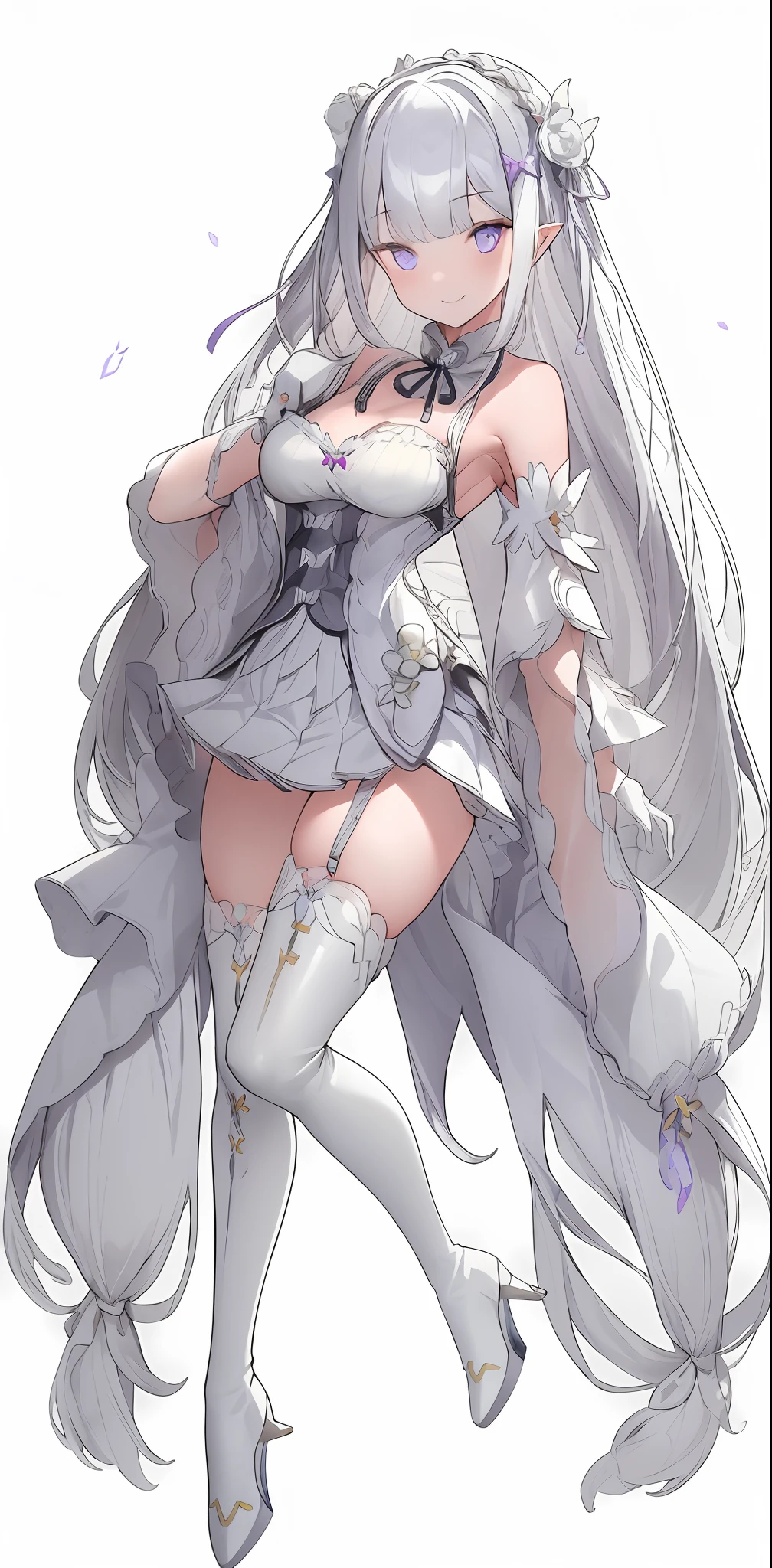 (masterpiece,best quality,CG,wallpaper,HDR,high quality,high-definition),(an extremely delicate and beautiful),(highly detailed eyes,extremely delicate and beautiful face),incredibly detailed,Perfect female body,elegant,noble,1 girl,(full body:1.4),large breasts,(white leather high heel thigh boots,white elbow gloves:1.4),garter straps, skirt,white thighhighs,(white background:1.3),/./././,no makeup,serious,expressionless,emilia (re:zero), bangs, hair ornament, purple eyes, flower, hair flower, ribbon, hair ribbon, x hair ornament, breasts, open mouth, medium breasts, purple ribbon, cleavage, white flower, smile, braid, detached sleeves, petals, very long hair, dress, grey hair, crown braid, pointy ears, wide sleeves, frills, white hair, bare shoulders, skirt, blunt bangs, pleated skirt, white background,