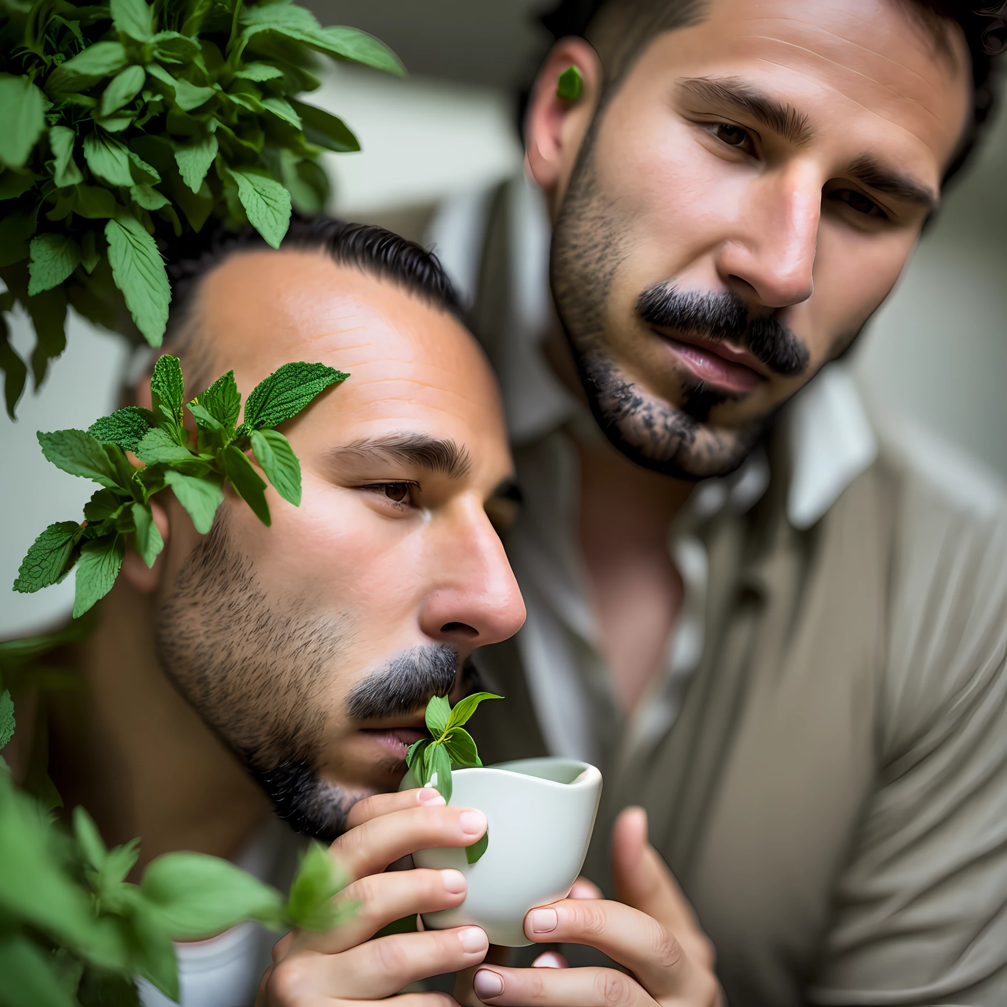 A man sniffing verbena mint tea with its nose like was drug.