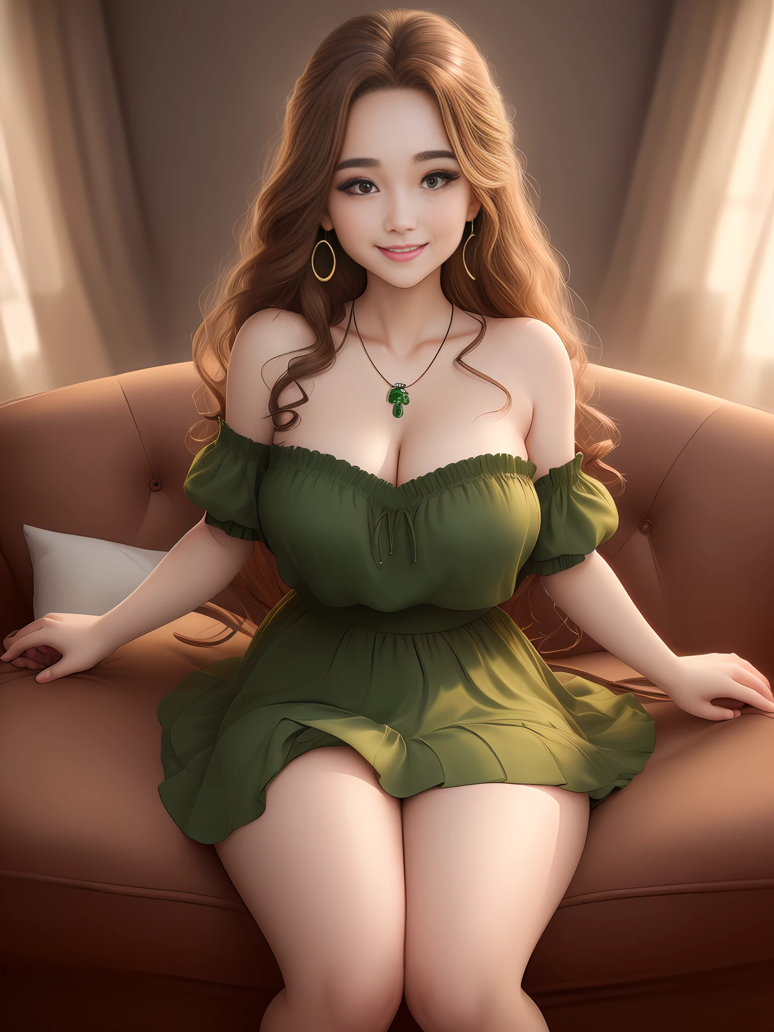 (only 1girl, no more than 1girl), no more than 1 body, no more than 1head, no more than 1face, ,lnly 2legs, only 2arms, no more than 2hands, never overlap parts of the body, hands under the chest, Best ratio between upper arm and forearm, Best ratio between body and legs 1 photo, mature woman, 26 years old, short skirt, Sexy pose, partial exposure, 8K, RAW photos, top quality, high quality, extreme detail photos, extreme detail eyes, detail nose, extreme detail face, extreme detail hair, extreme detail body, (photo shoot lighting: 1.3), perfect anatomy, fluffy eyes, big eyes, good-looking eyes. brown eyes, gorgeous hair, caramel-colored hair, wavy hair, detailed eyebrows, smiling face, very deep wrinkles at the corners of the mouth, neat teeth, left cheek, (middle breast: 1.2), natural makeup, scarlet lips, detailed jewelry necklace, detailed earrings, rain, wet, green mini skirt, white blouse, woman sitting alone in the living room, 2legs per a body, perfect proportions one thumb and 4 fingers, no extra girls, no extra bodies, no extra legs, no extra hands, no extra fingers,