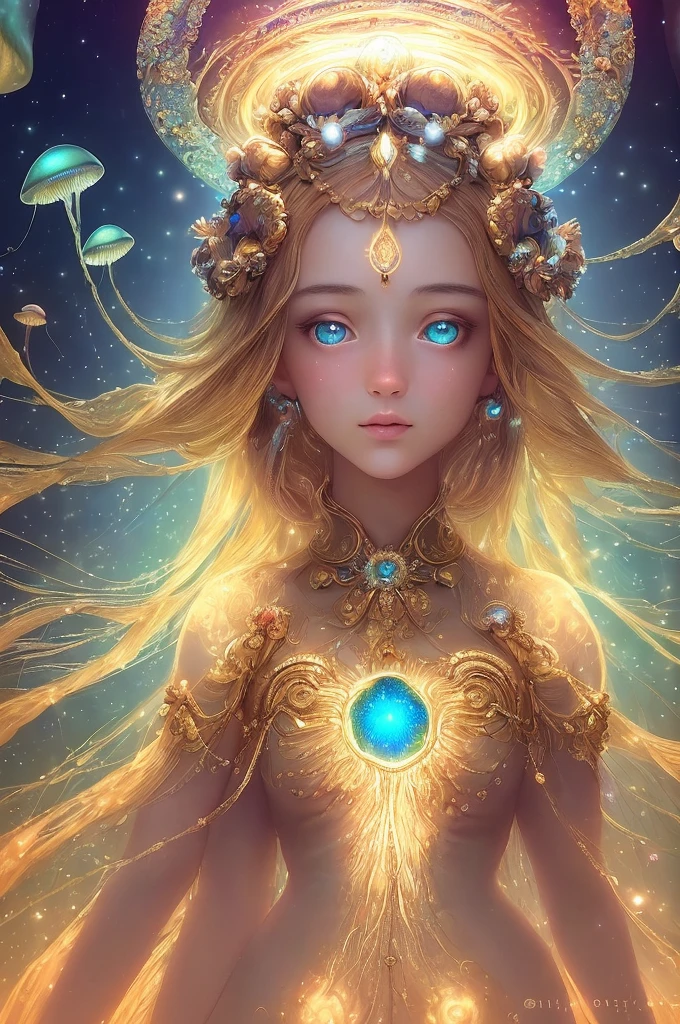 ((best quality)), ((masterpiece)), ((realistic)), portrait, 1girl, celestial, deity, goddess, light particles, halo, looking at viewer, (bioluminescent:0.95) ocean, bioluminescent, jellyfish, Vibrant, Colorful, Color, (Glow, Glow), (Beautiful Composition), Cinematic Lights, Intricate, (Symmetry: 0.5), Whimsical,