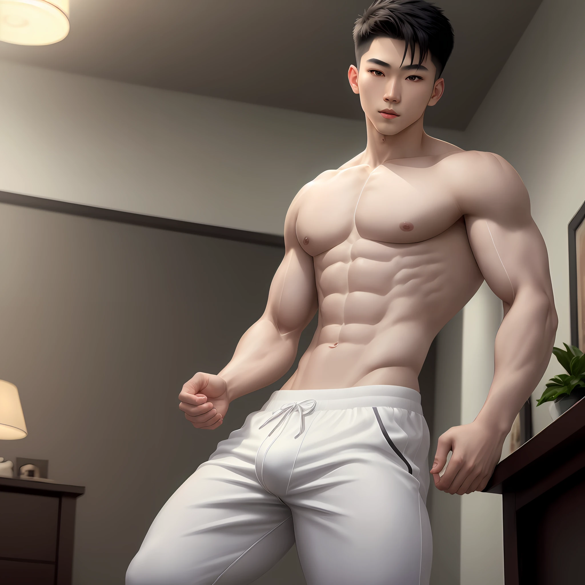 A Young Asian man , 1boy, white skin , detailed skin, 1boy, ((realistic)), abs, good lighting quality, muscle veins, ((pale skin)), footballer, (masterpiece, ultra quality, high resolution, 8k, intricate:1.2), (detailed face:1.2), handsome, wearing tight black jogging pants, bulge, 1boy,solo, looking at viewer, balance eyes, (((from below))), bedroom, (eye contact)