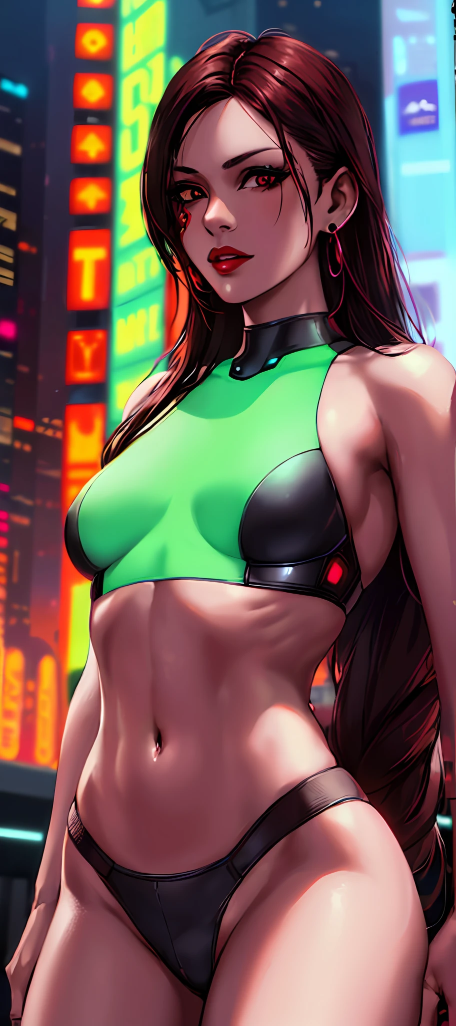 (woman wearing sci-fi clothes, cyberpunk), realistic style, (navel, fair skin, brown eyes), (sexy body, small breasts), high saturation, neon colors, (cyberpunk city background), (dynamic pose, looking to the side:1.2)| (looking at the viewer:0.9)), (long hair:1.1), (red lipstick, earrings), detailed and intricate clothes, futuristic accessories.