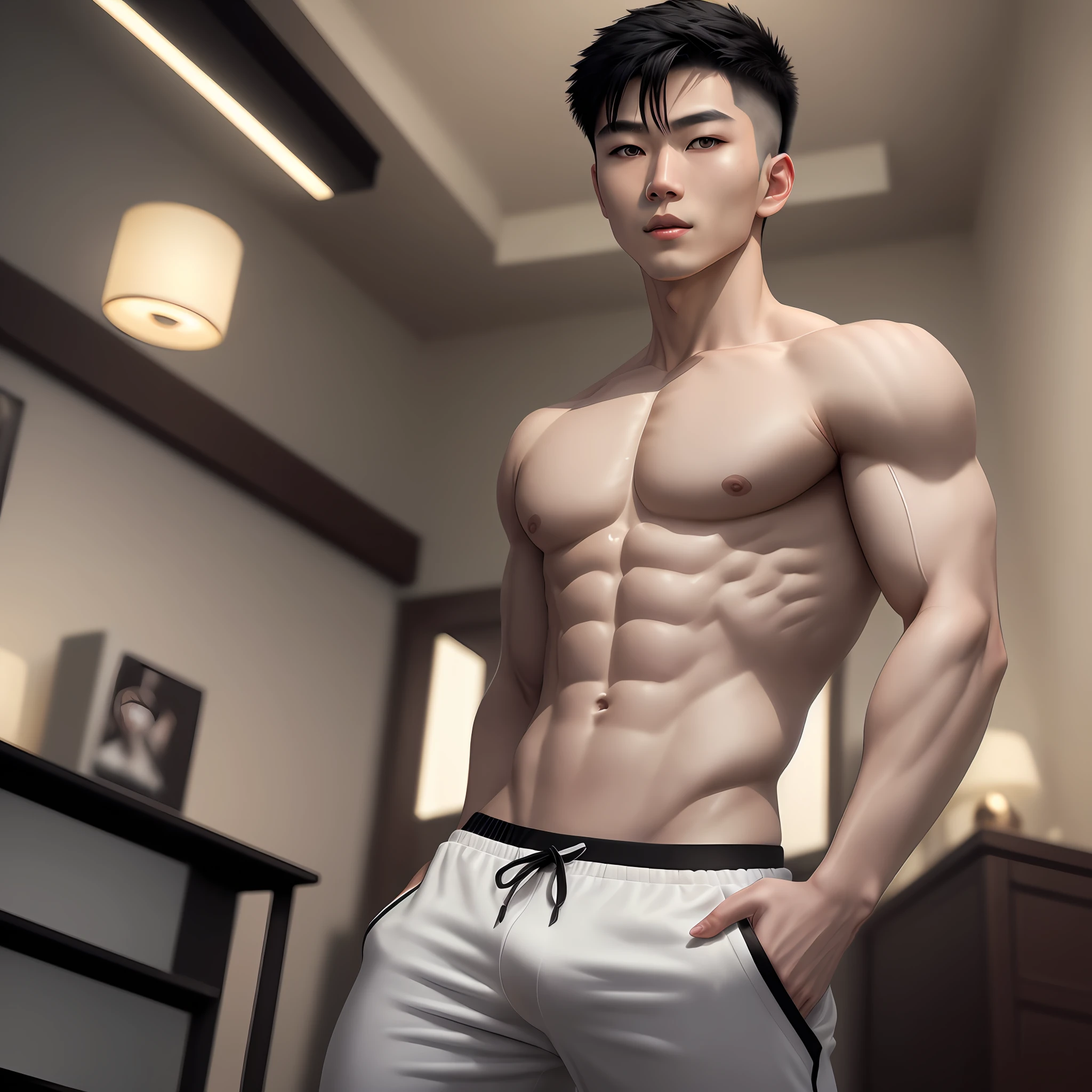 A Young Asian man , 1boy, white skin , detailed skin, 1boy, ((realistic)), abs, good lighting quality, muscle veins, ((pale skin)), footballer, (masterpiece, ultra quality, high resolution, 8k, intricate:1.2), (detailed face:1.2), handsome, wearing tight black jogging pants, bulge, 1boy,solo, looking at viewer, balance eyes, (((from below))), bedroom, (eye contact)