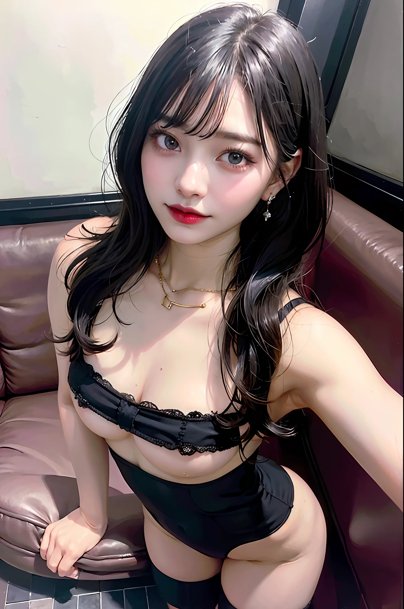 Black Hair Bob, (RAW Photography, Photorealism), (Very dark lip gloss, pitch black lipstick, so many eyelashes, pitch black eyeshadow, watery eyes, crying, angry, high quality, high resolution, depth of field, chromatic aberration, natural color, caustics, Japan person, woman, 30s), white bra, necklace, one woman, earrings, bracelet, Big that look soft, good style, slender figure, tips of are clearly visible, whole body, bare legs, body line is very sexy, crotch wide open, sticking out, skin is very exposed, tips of are clearly visible, areola is visible, pubic area is clearly visible, crotch wide open, minimum protrusion, genuine leather sofa