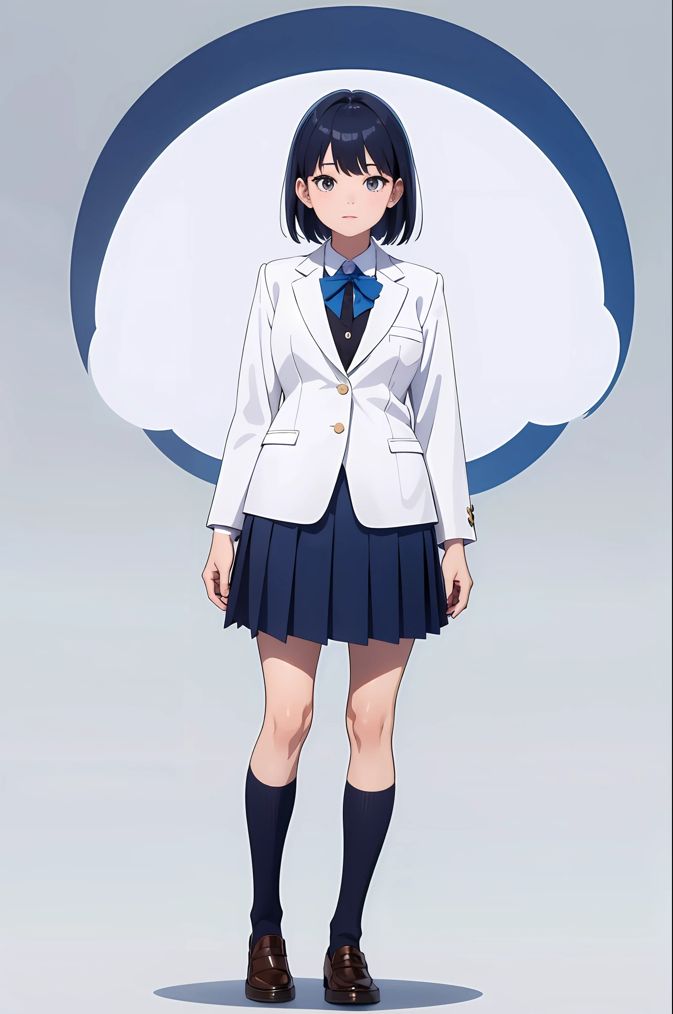 masterpiece, best quality, 1girl, standing, full-body, happiness, soft, ultra-clear, high definition image, (front), (white background)), middle chest, dark blue hair, short hair, pathetic, school uniform blazer