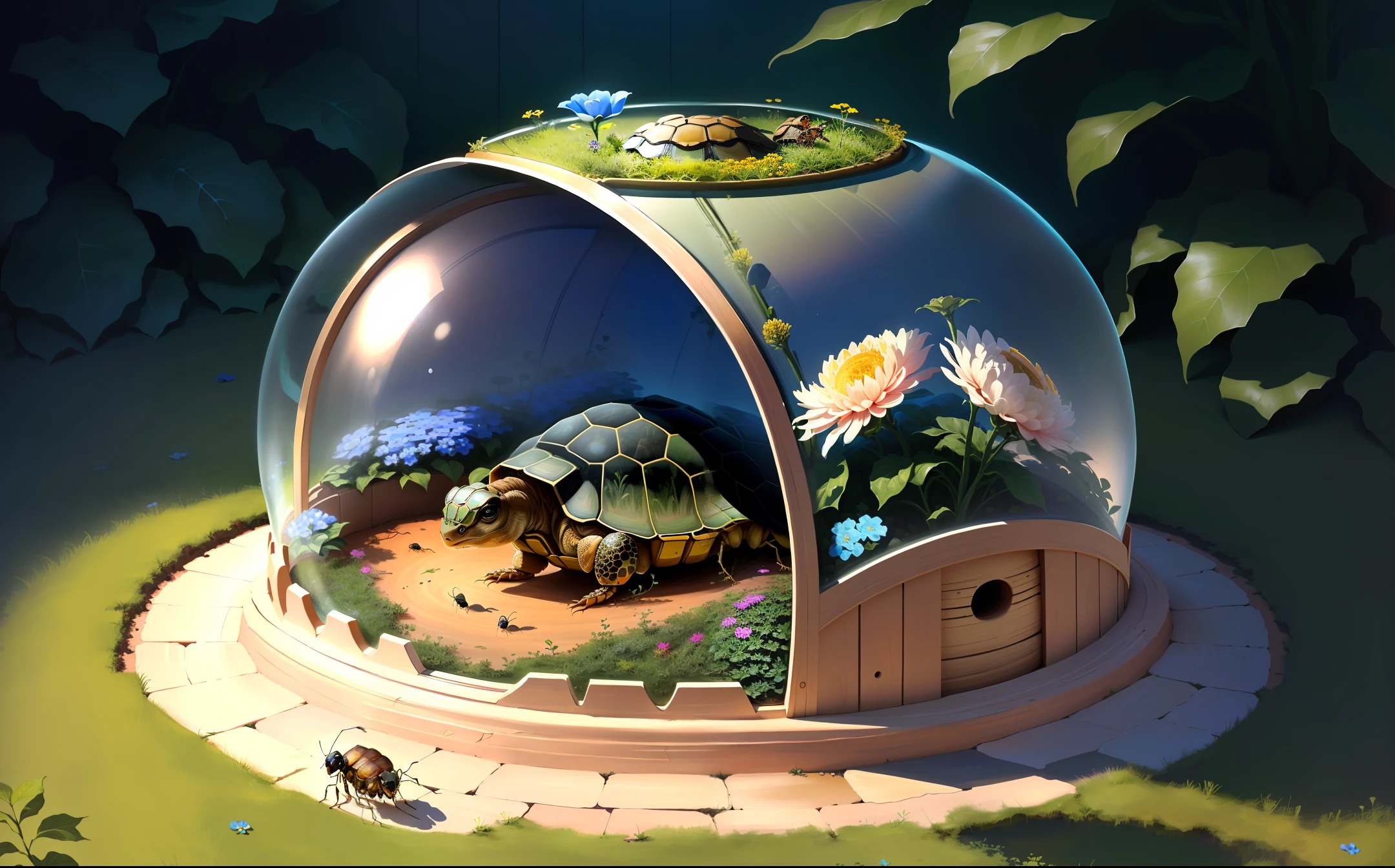ant habitat is round, glass on back of tortoise, flowers.