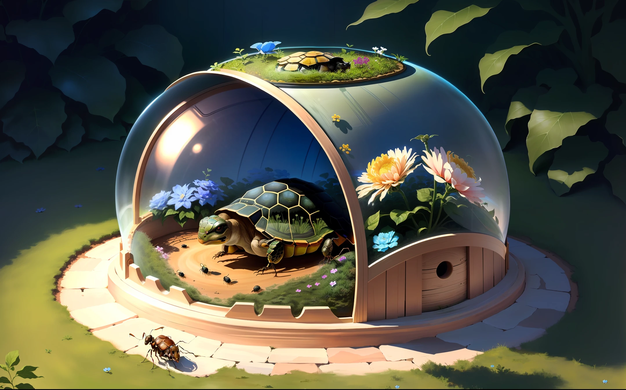 ant habitat is round, glass on back of tortoise, flowers.