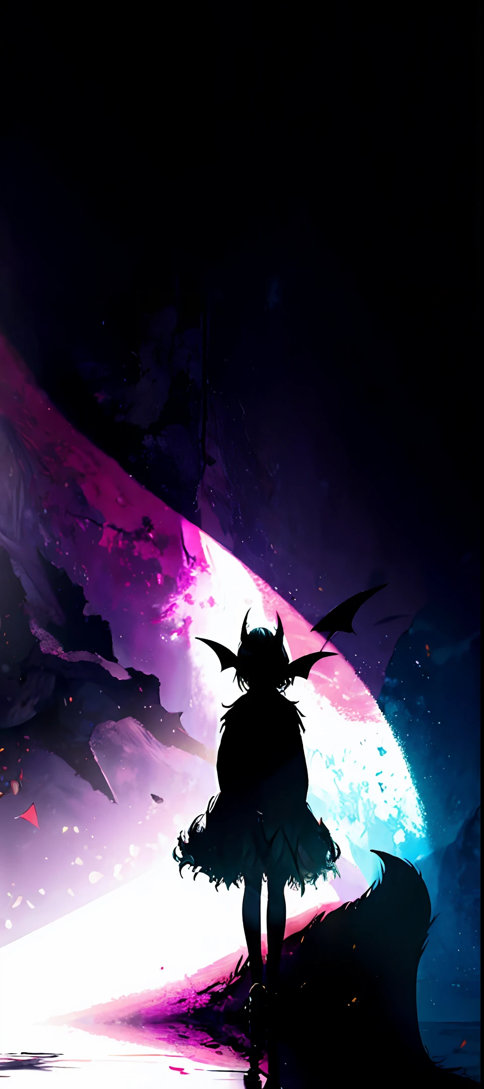 a girl walks in the dead of the night. a huge bat washes from above. a rainbow at night