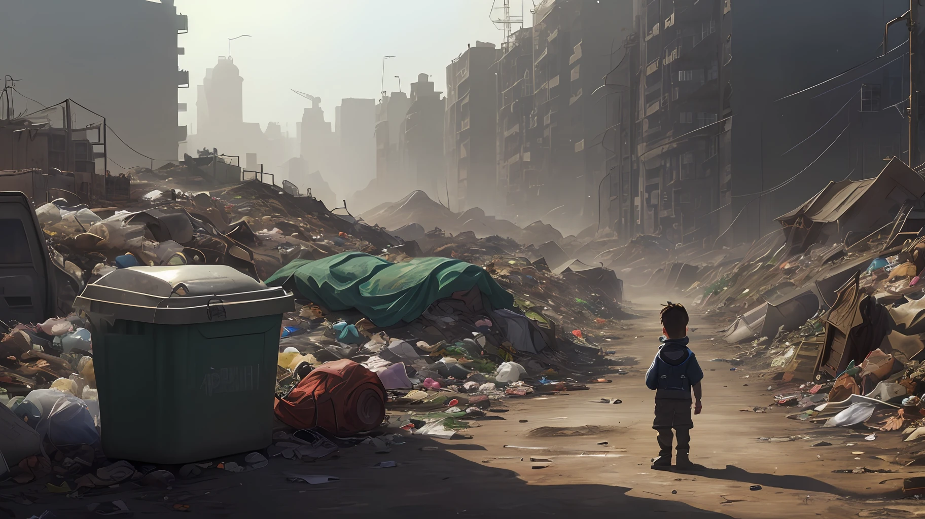 A  holding a medal standing on the garbage heap , the mood is sad , Disney style, the focus is on standing on the garbage heap, big scene, concept original art style, wasteland style, 16k, the protagonist is a little boy